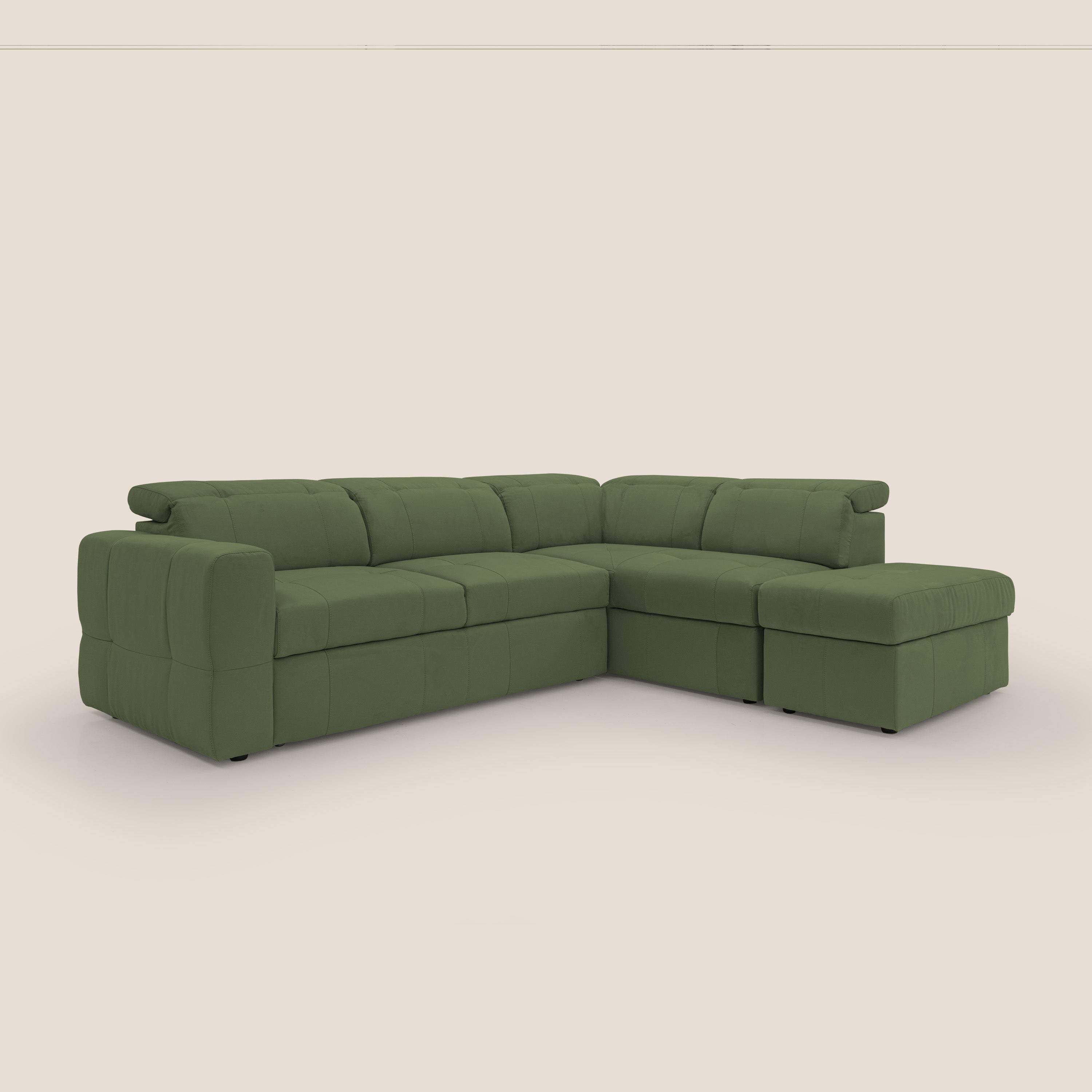 Kronos Divano angolare con poggiapiedi estraibile e pouf contenitore mobile in microfibra impermeabile T11 verde - divani.store