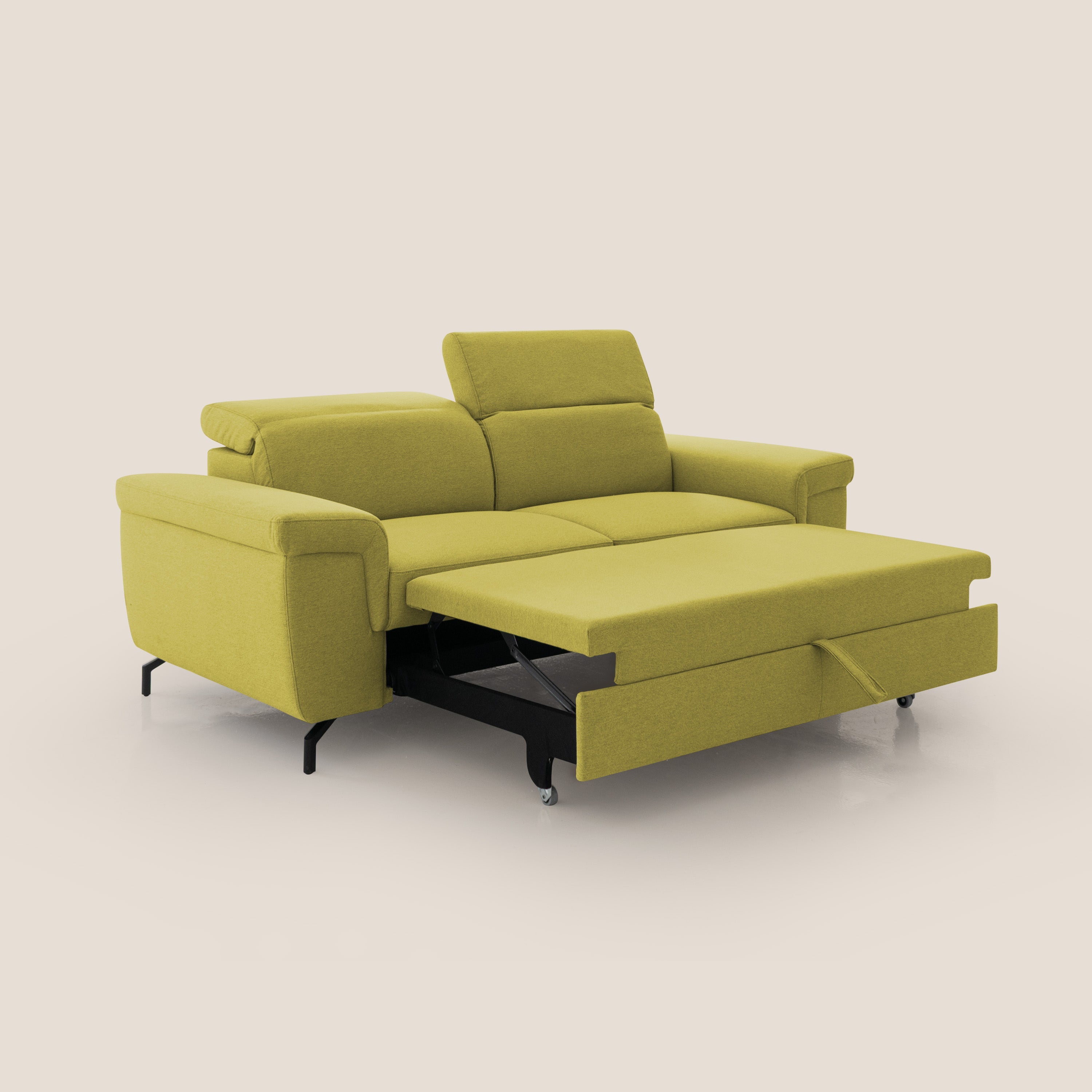 Aisha Divano con poggiapiedi estraibile piedini alti e poggiatesta reclinabili in tessuto Smacchiabile T05 giallo - divani.store
