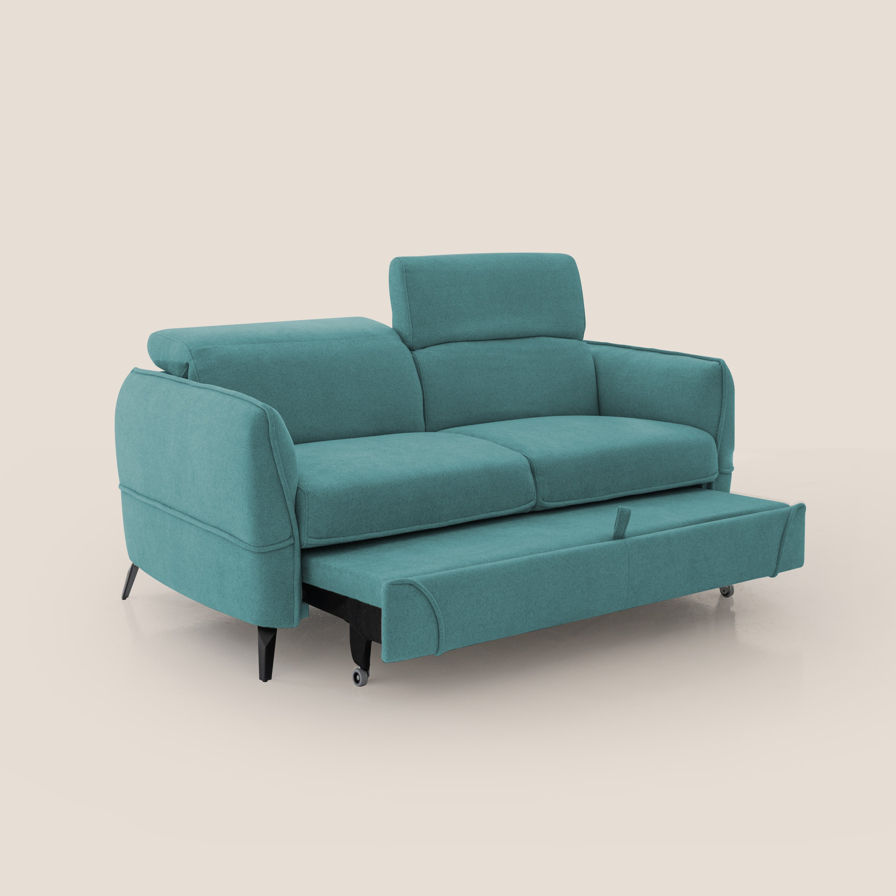 Bloom Divano con poggiapiedi estraibile piedini alti e poggiatesta reclinabili in tessuto bouclé impermeabile T07 azzurro - divani.store