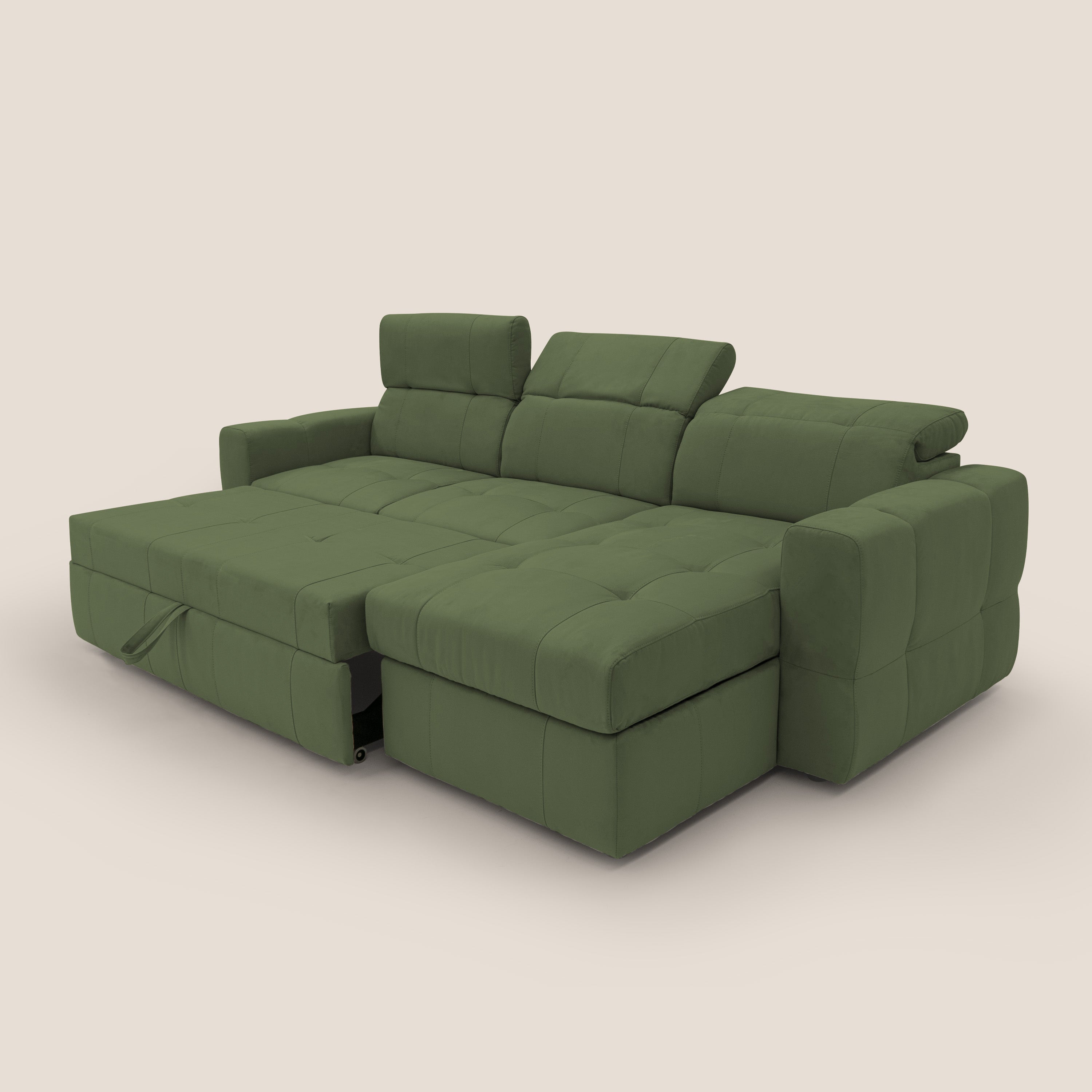 Kronos Divano angolare con pouf estraibile e penisola contenitore in microfibra impermeabile T11 verde - divani.store