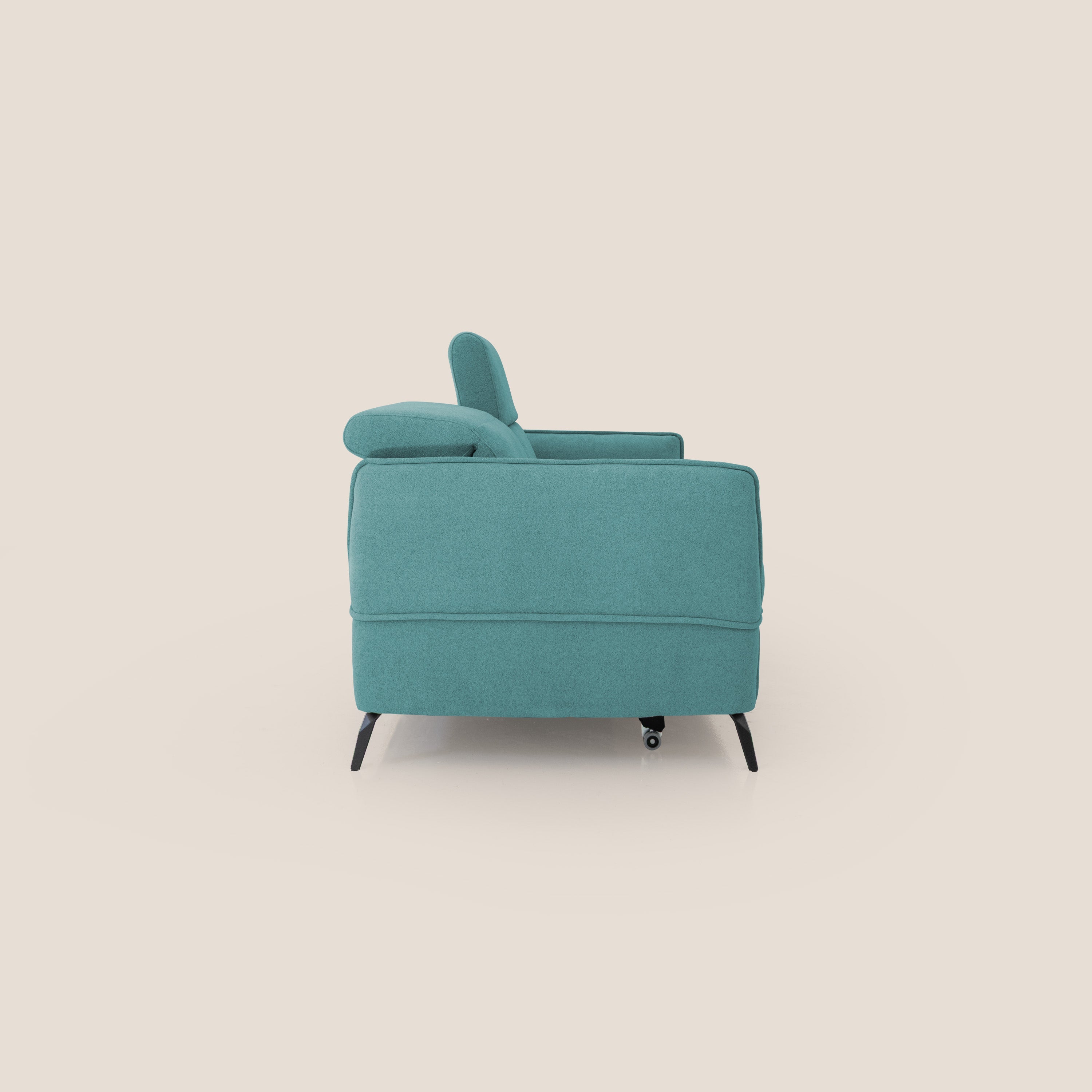 Bloom Divano con poggiapiedi estraibile piedini alti e poggiatesta reclinabili in tessuto bouclé impermeabile T07 azzurro - divani.store