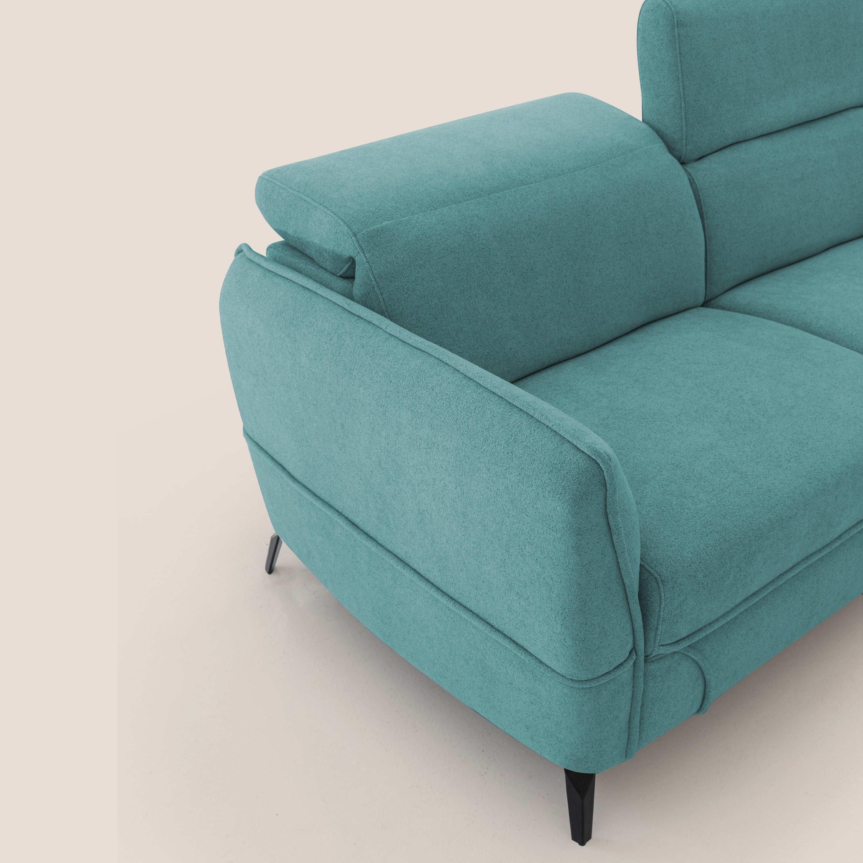 Bloom Divano con poggiapiedi estraibile piedini alti e poggiatesta reclinabili in tessuto bouclé impermeabile T07 azzurro - divani.store