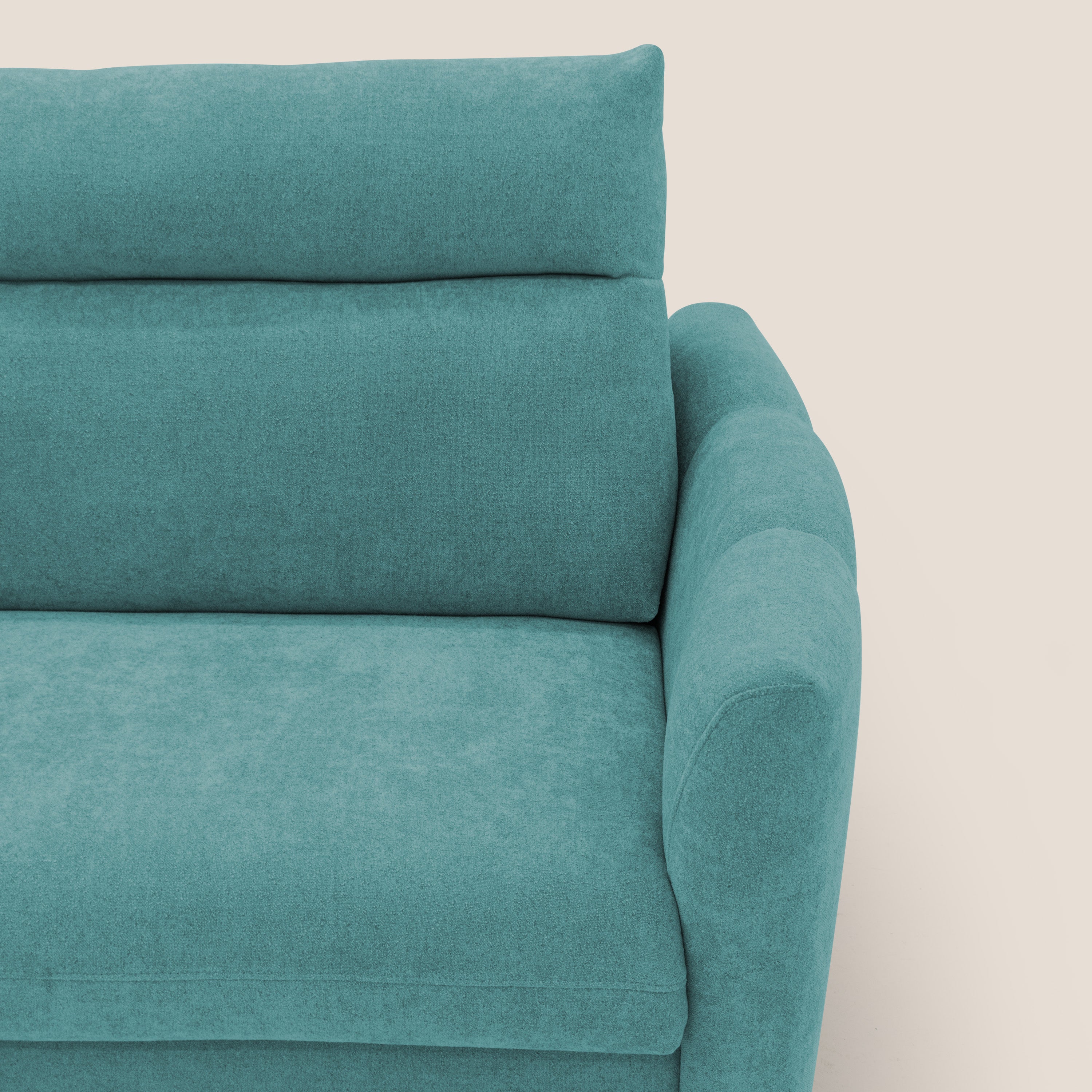 Peonia divano letto scandinavo con materasso H18 cm e morbido e alto schienale in tessuto Bouclé impermeabile T07 azzurro - divani.store