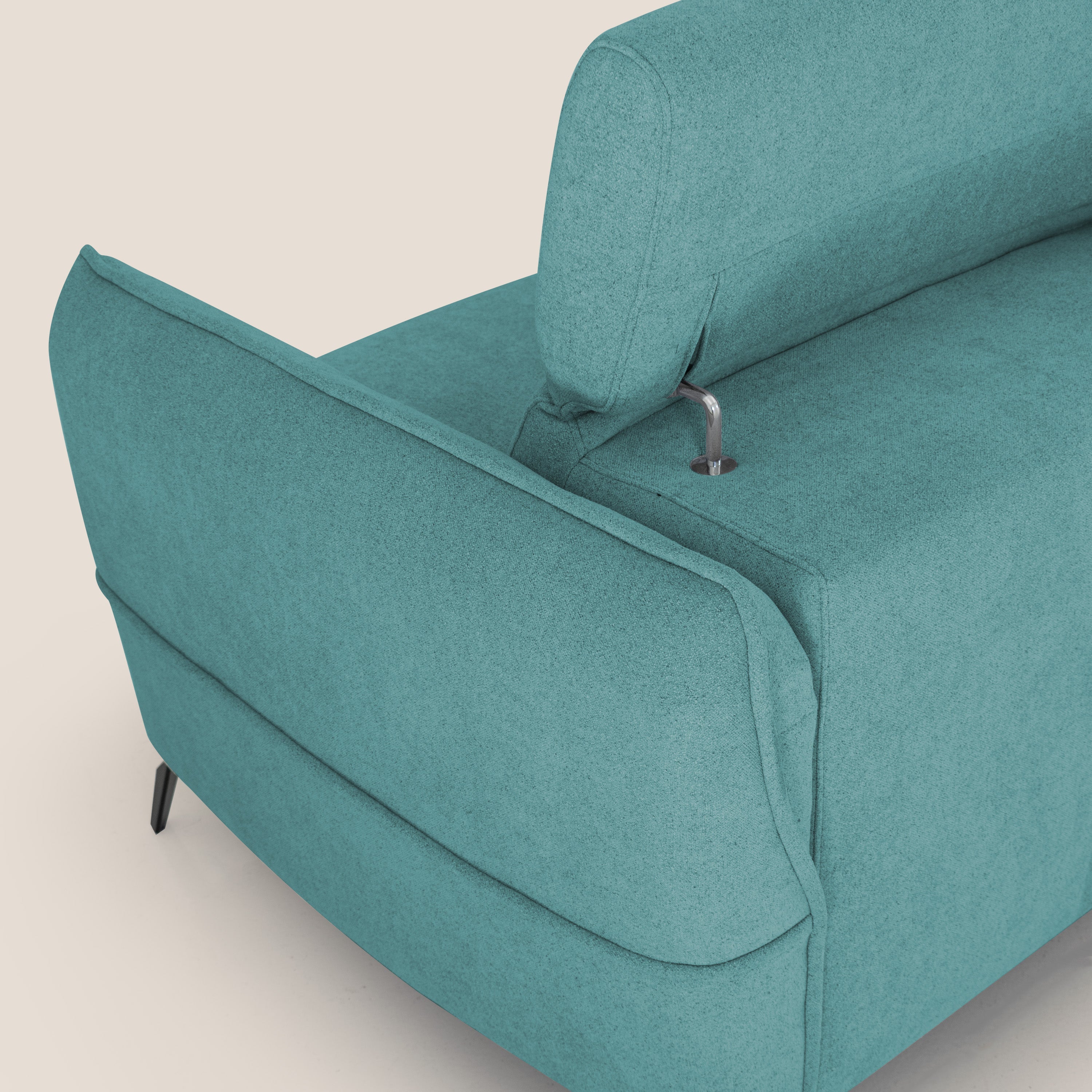 Bloom Divano con poggiapiedi estraibile piedini alti e poggiatesta reclinabili in tessuto bouclé impermeabile T07 azzurro - divani.store