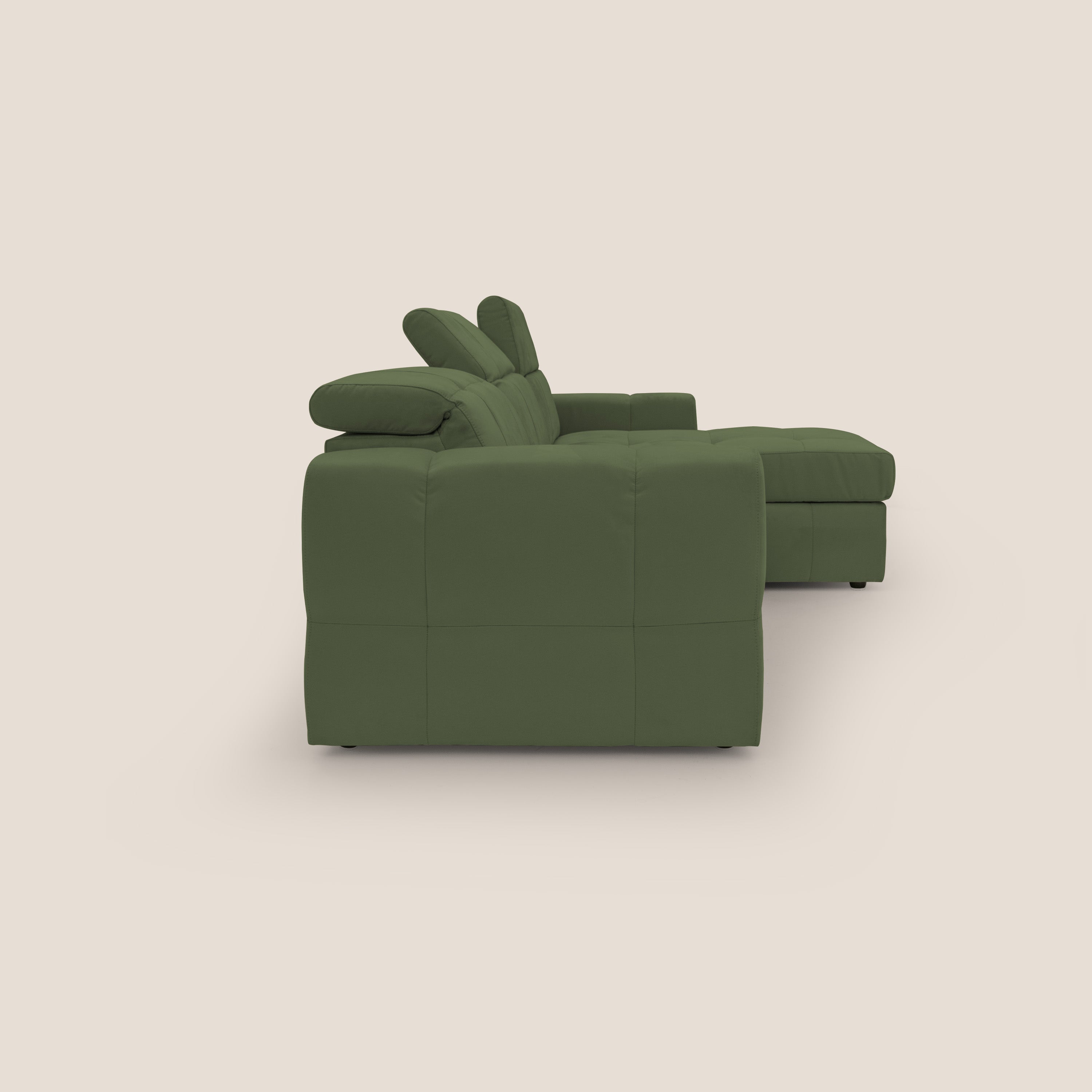 Kronos Divano angolare con pouf estraibile e penisola contenitore in microfibra impermeabile T11 verde - divani.store