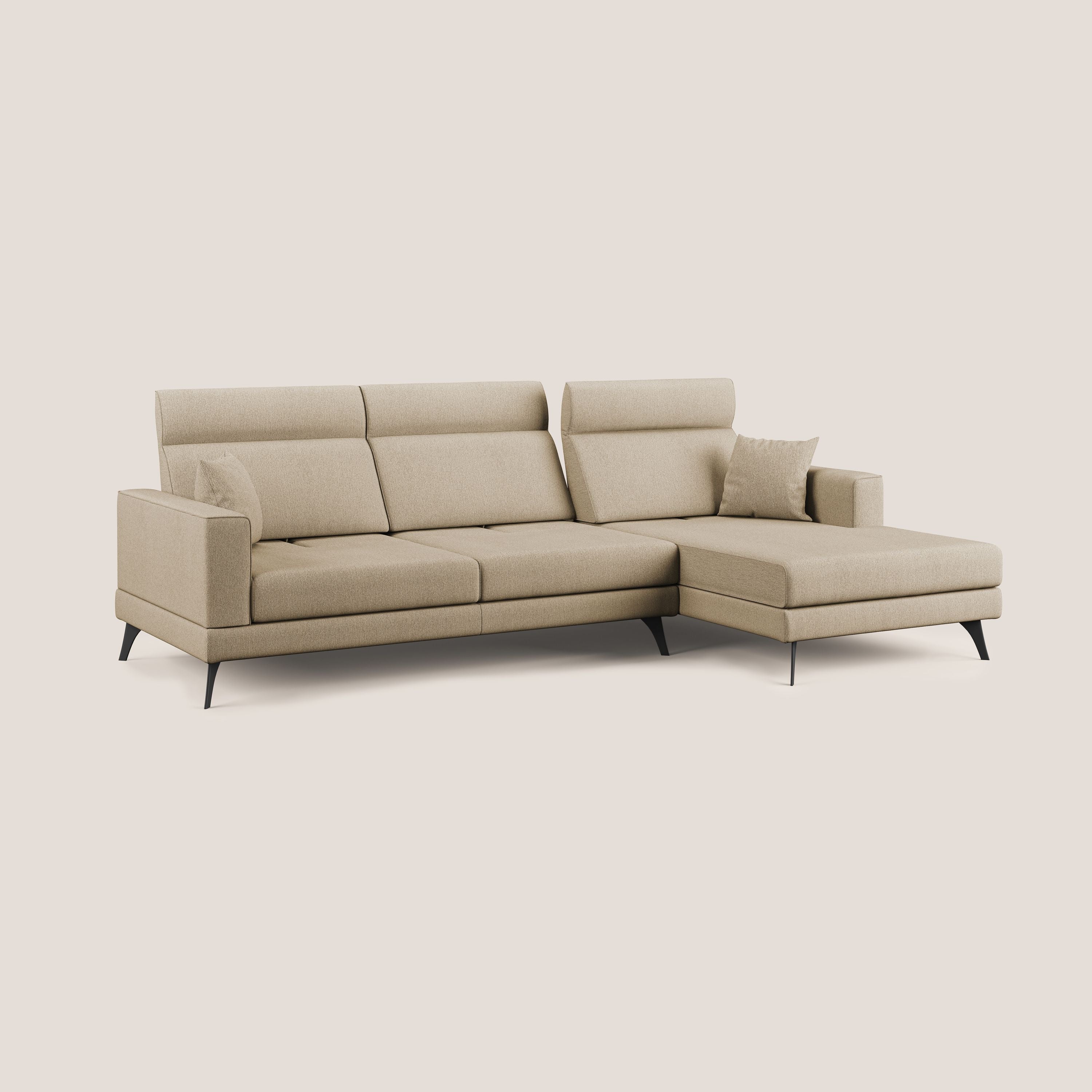 Slide Divano angolare con schienali traslanti e poggiatesta regolabili in tessuto smacchiabile T05 beige - divani.store