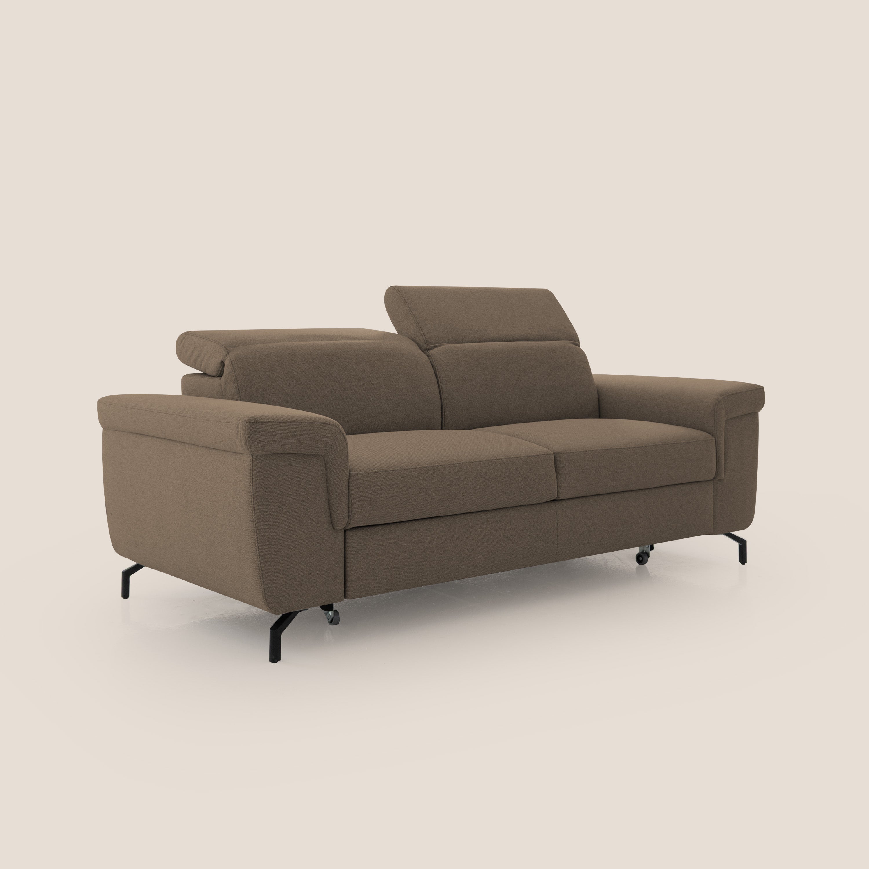 Aisha Divano con poggiapiedi estraibile piedini alti e poggiatesta reclinabili in tessuto Smacchiabile T05 marrone - divani.store