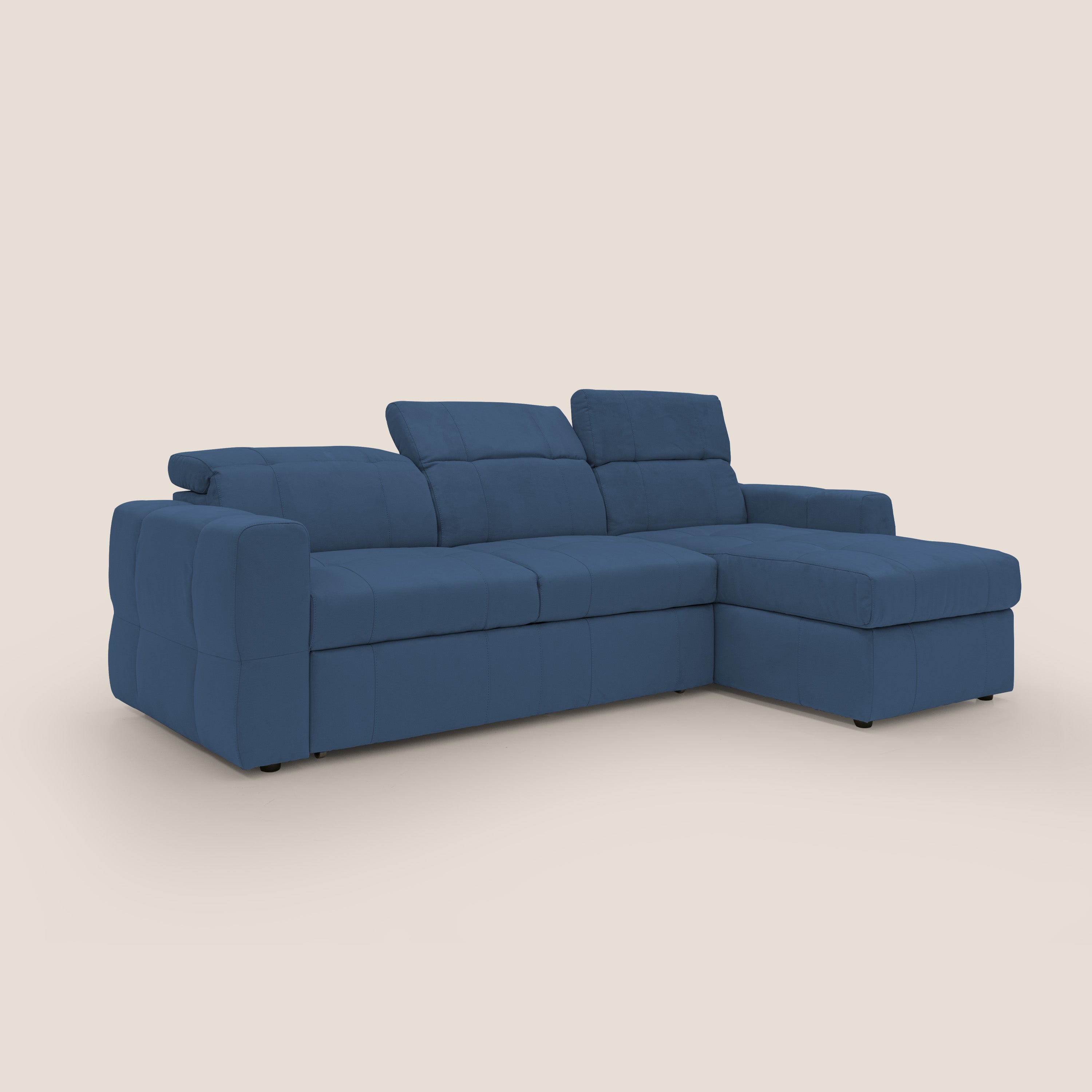 Kronos Divano angolare con pouf estraibile e penisola contenitore in microfibra impermeabile T11 blu - divani.store