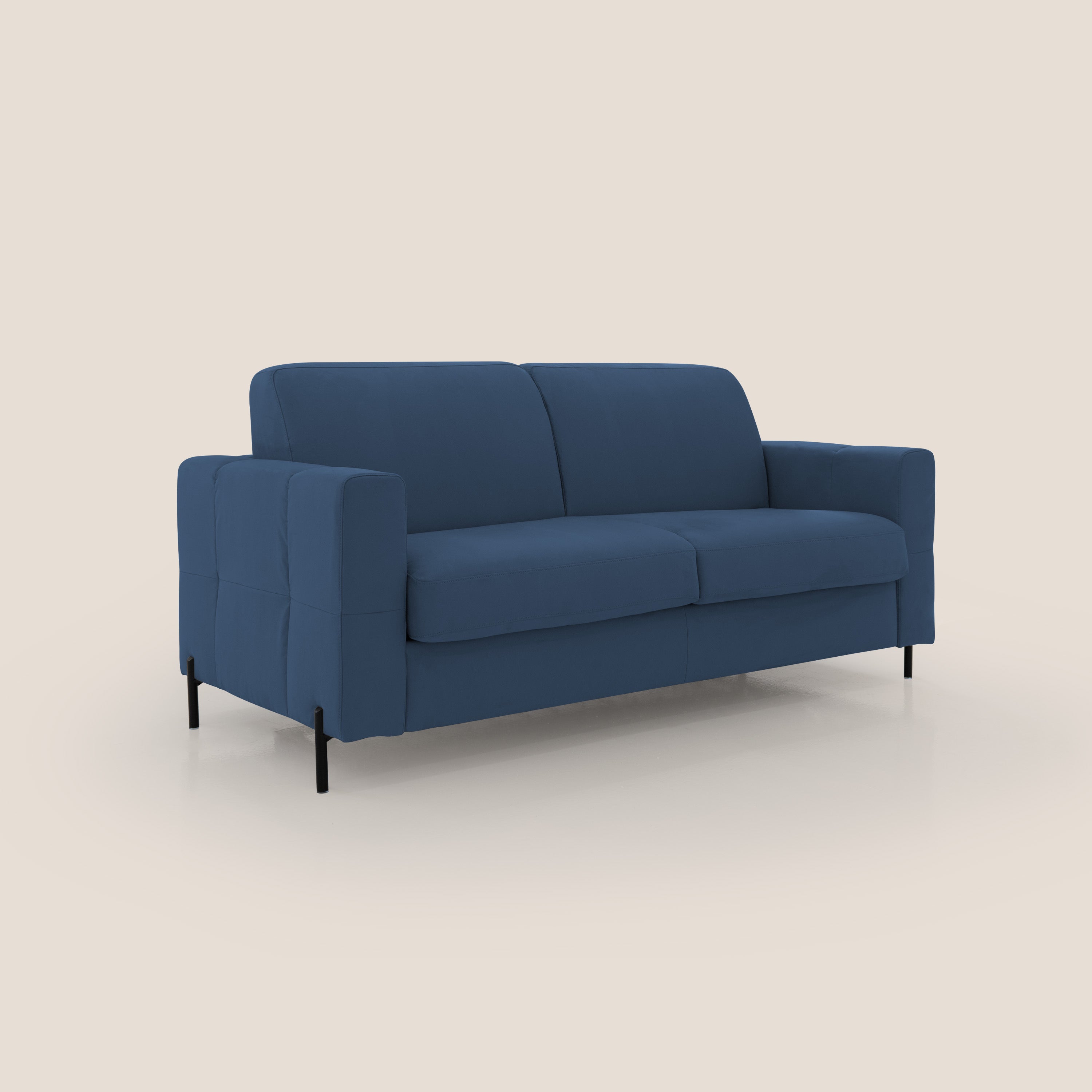 Ortensia divano letto materasso H18 cm con piedi alti in elegante microfibra smacchiabile T11 blu - divani.store