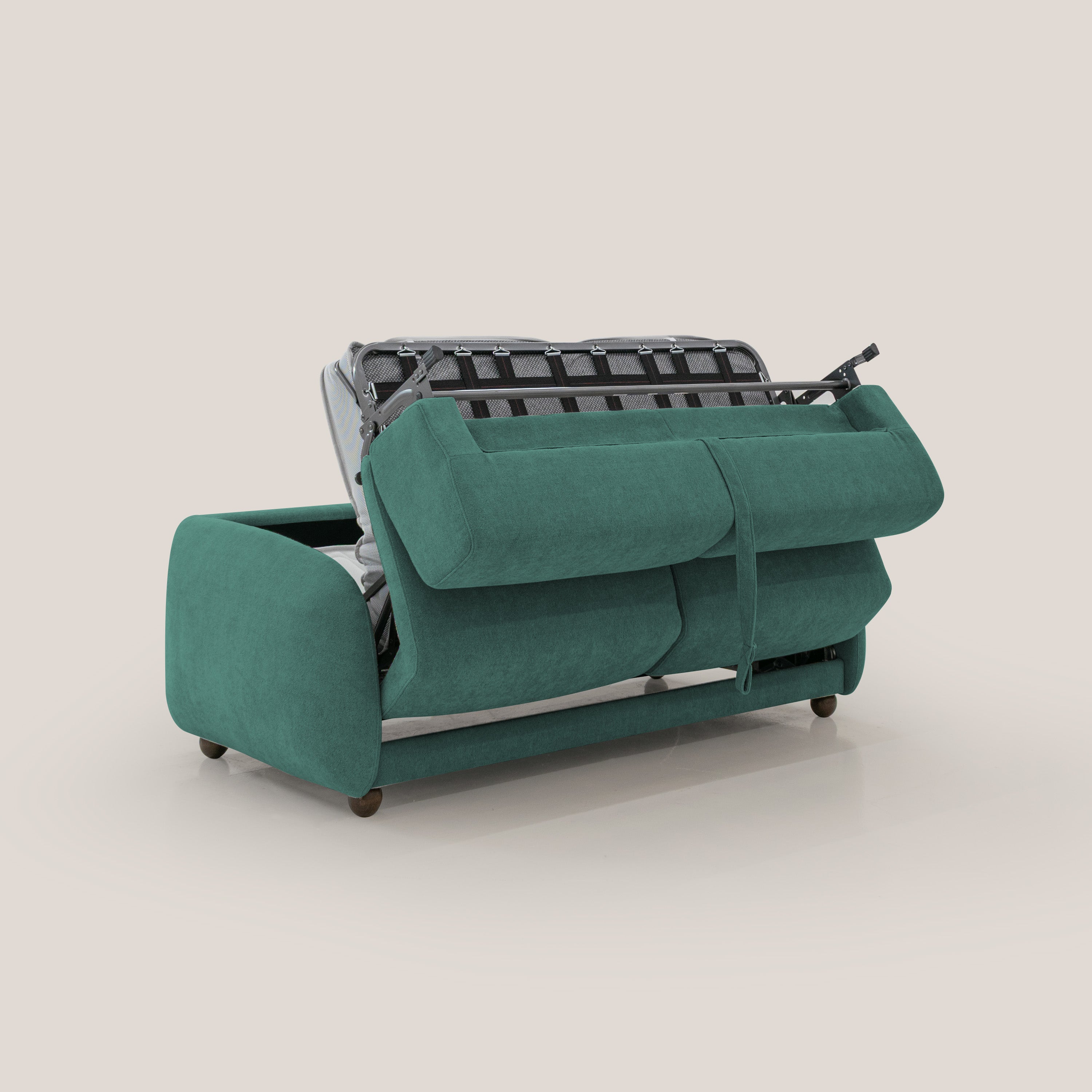 Giglio divano letto scandinavo japandi con materasso H18 cm in tessuto Bouclé impermeabile T07 verde - divani.store