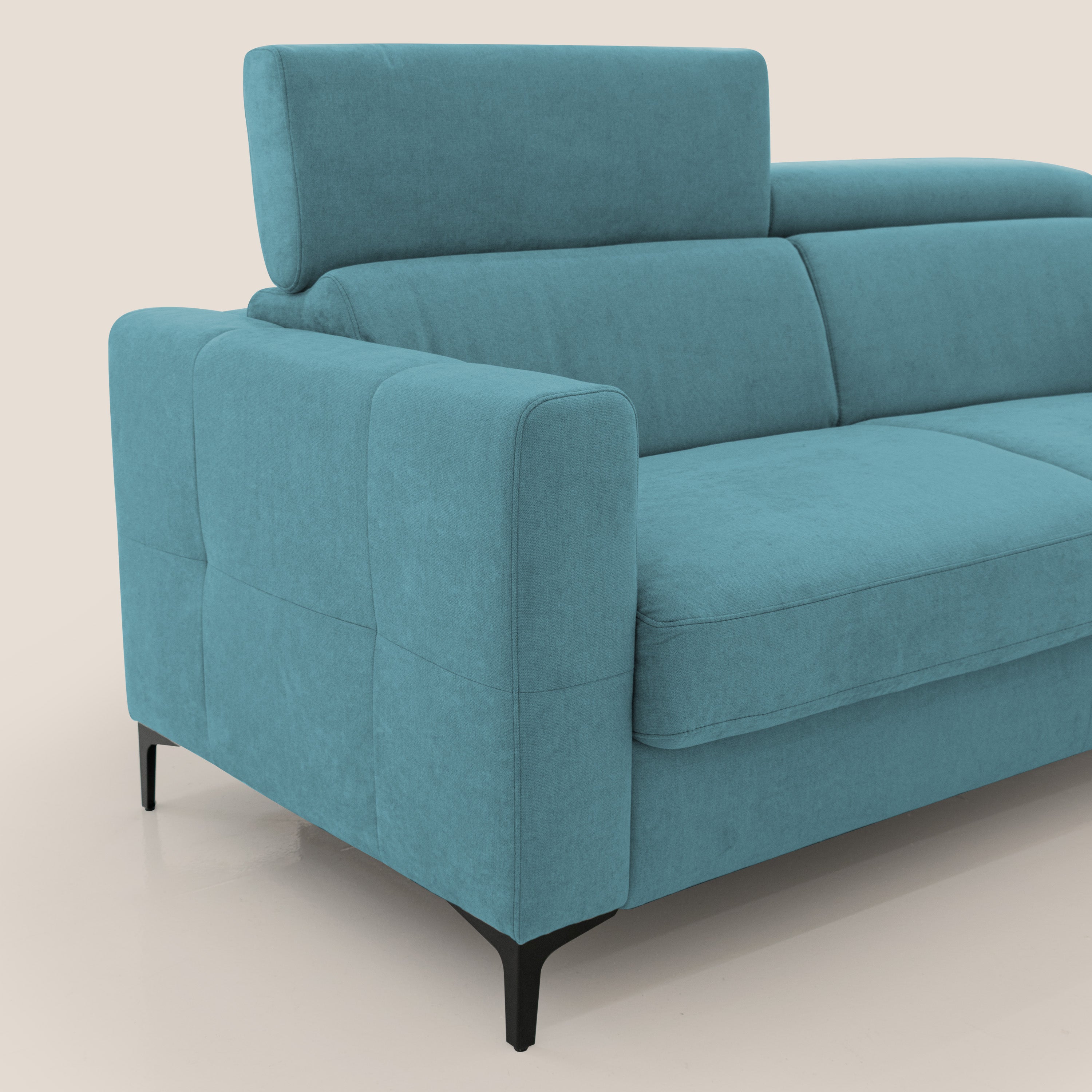 Gardenia divano letto materasso alto 18 cm con poggiatesta reclinabili e rivestimento impermeabile T02 azzurro - divani.store