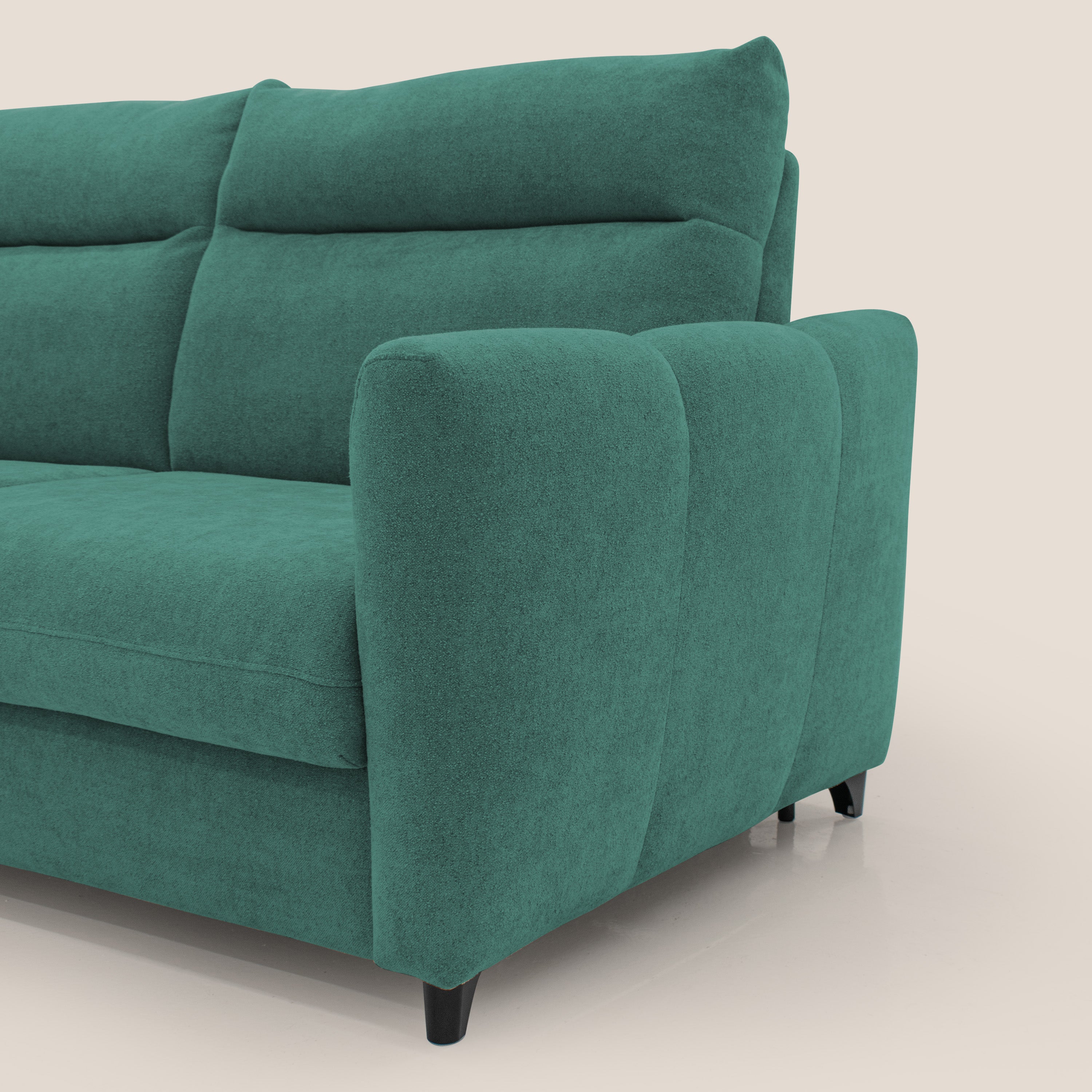 Peonia divano letto scandinavo con materasso H18 cm e morbido e alto schienale in tessuto Bouclé impermeabile T07 verde - divani.store