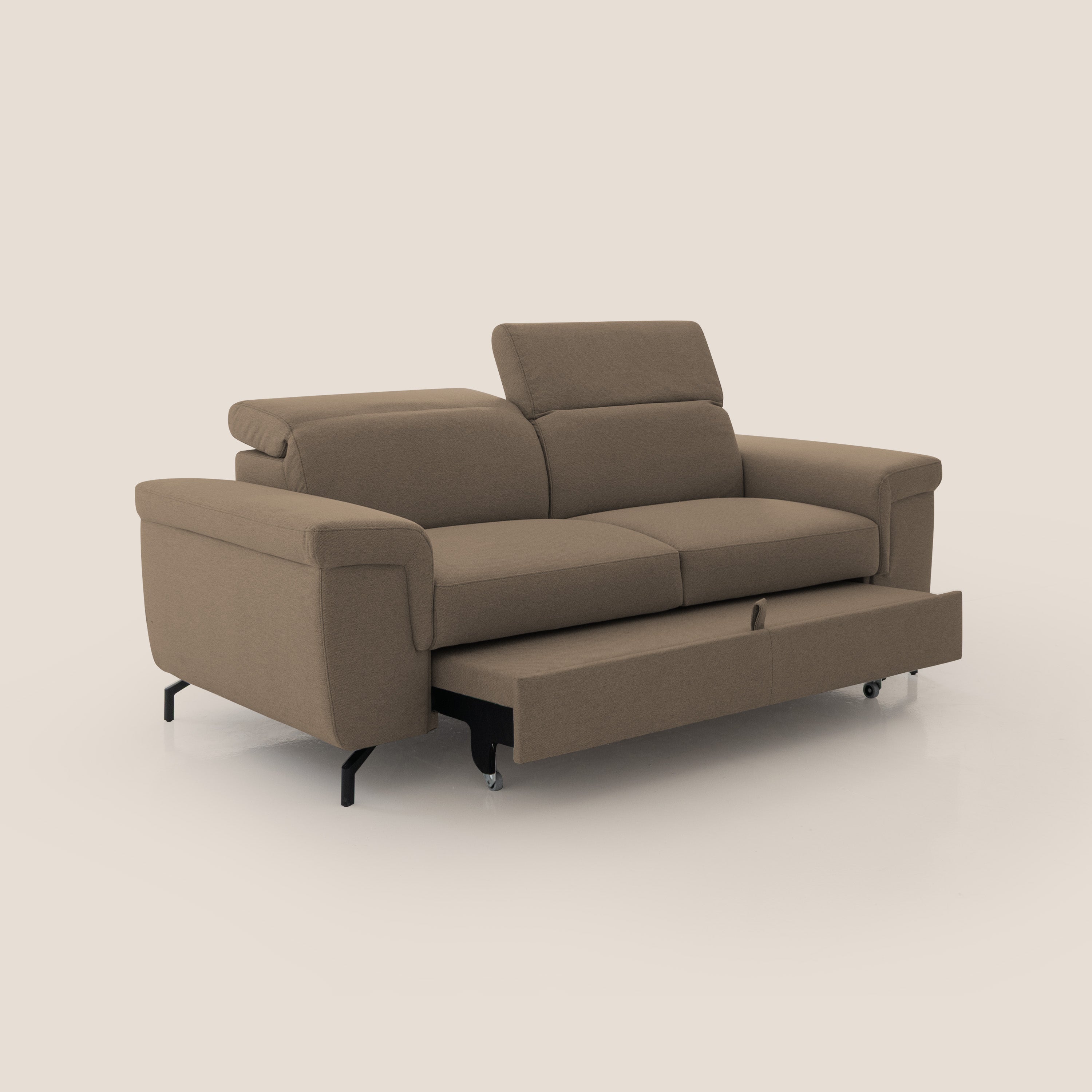 Aisha Divano con poggiapiedi estraibile piedini alti e poggiatesta reclinabili in tessuto Smacchiabile T05 marrone - divani.store