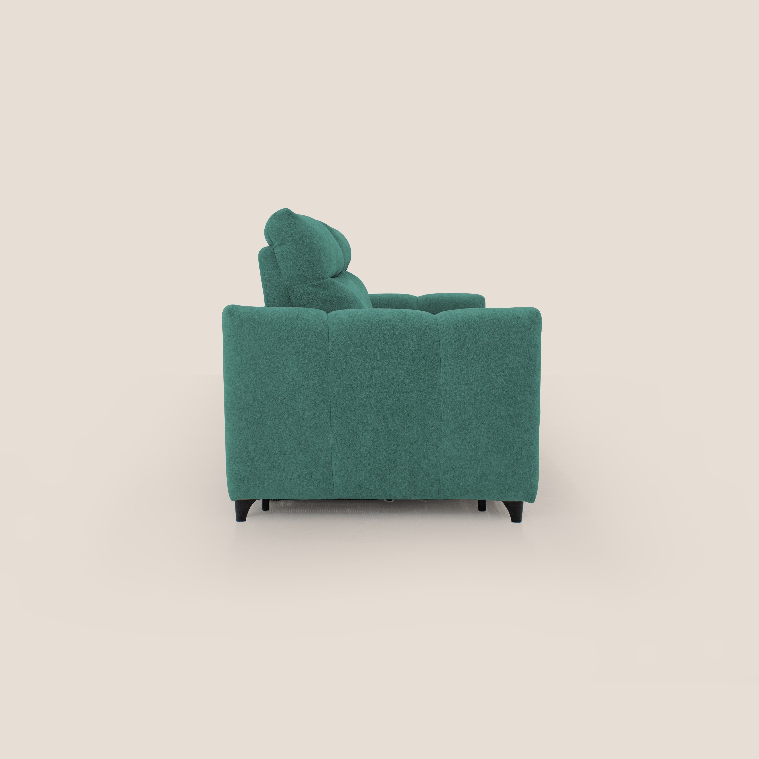 Peonia divano letto scandinavo con materasso H18 cm e morbido e alto schienale in tessuto Bouclé impermeabile T07 verde - divani.store