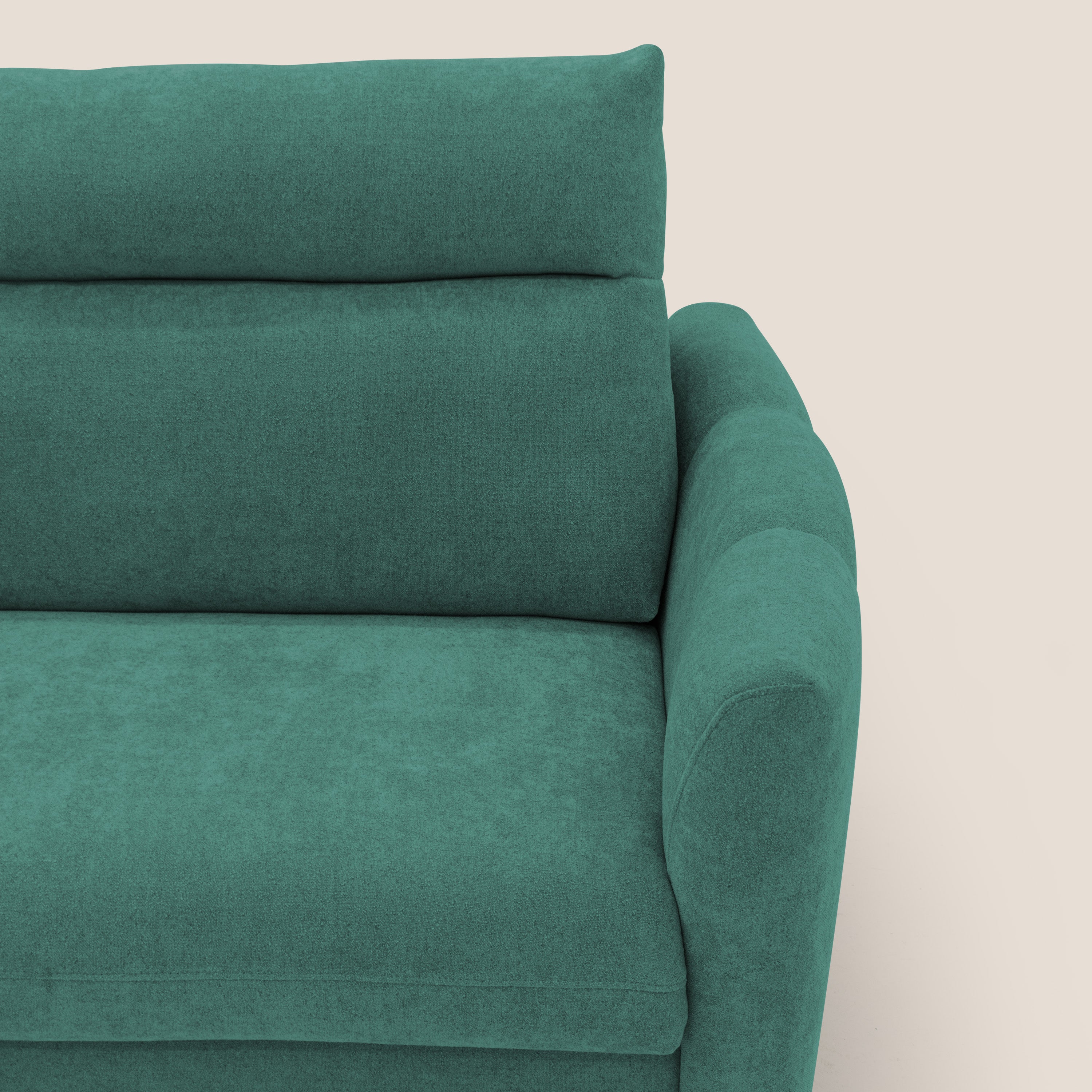 Peonia divano letto scandinavo con materasso H18 cm e morbido e alto schienale in tessuto Bouclé impermeabile T07 verde - divani.store