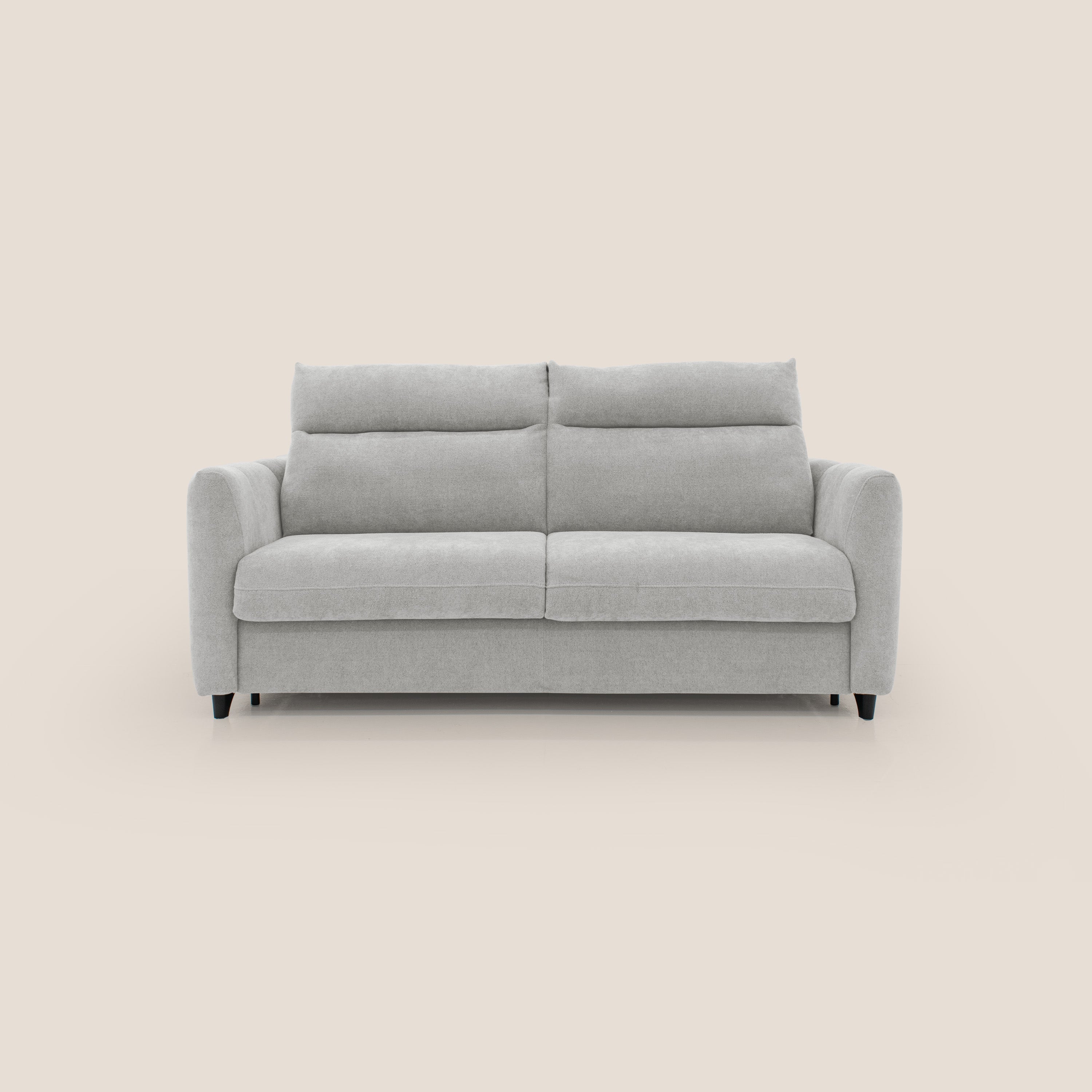 Peonia divano letto scandinavo con materasso H18 cm e morbido e alto schienale in tessuto Bouclé impermeabile T07 grigio - divani.store
