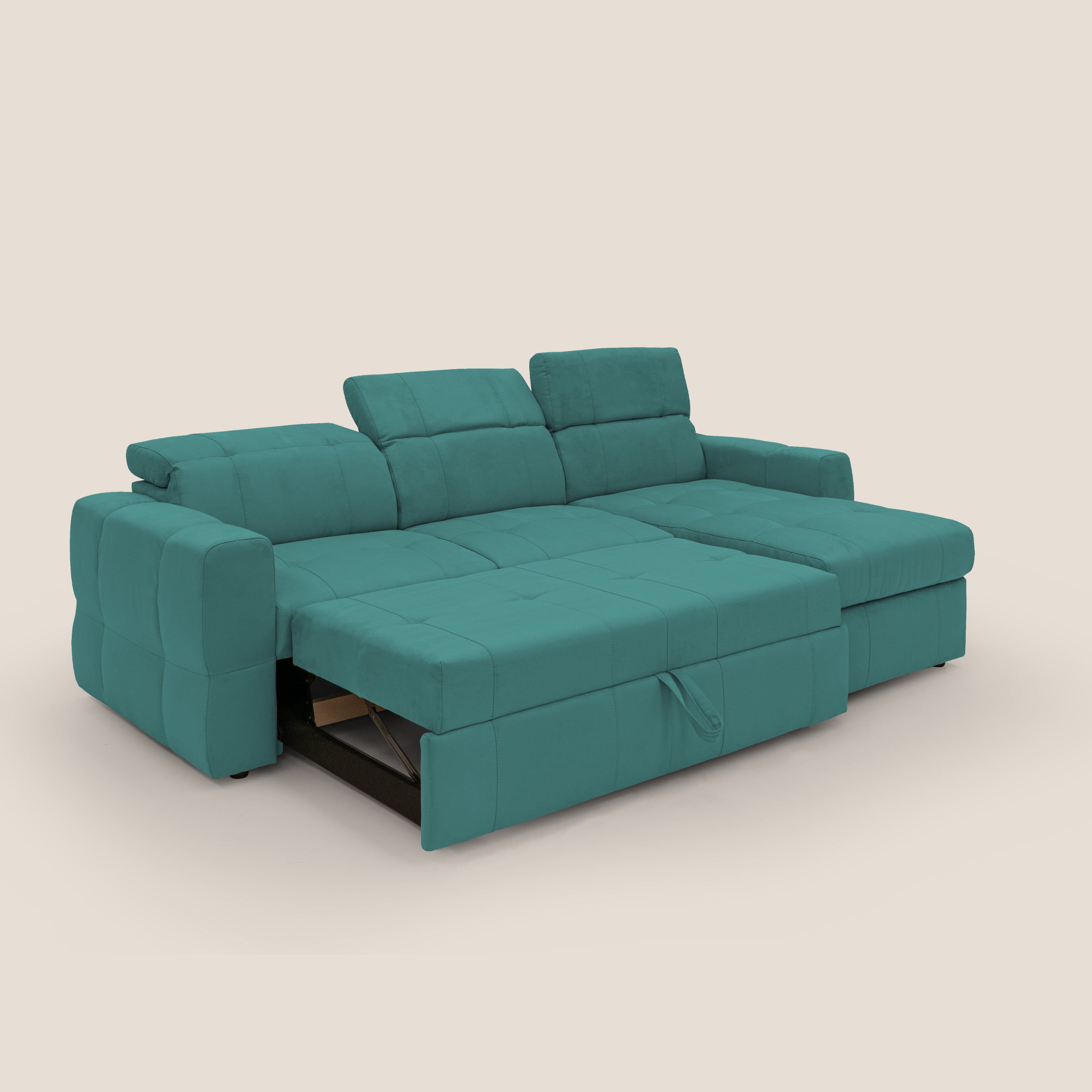 Kronos Divano angolare con pouf estraibile e penisola contenitore in microfibra impermeabile T11 petrolio - divani.store