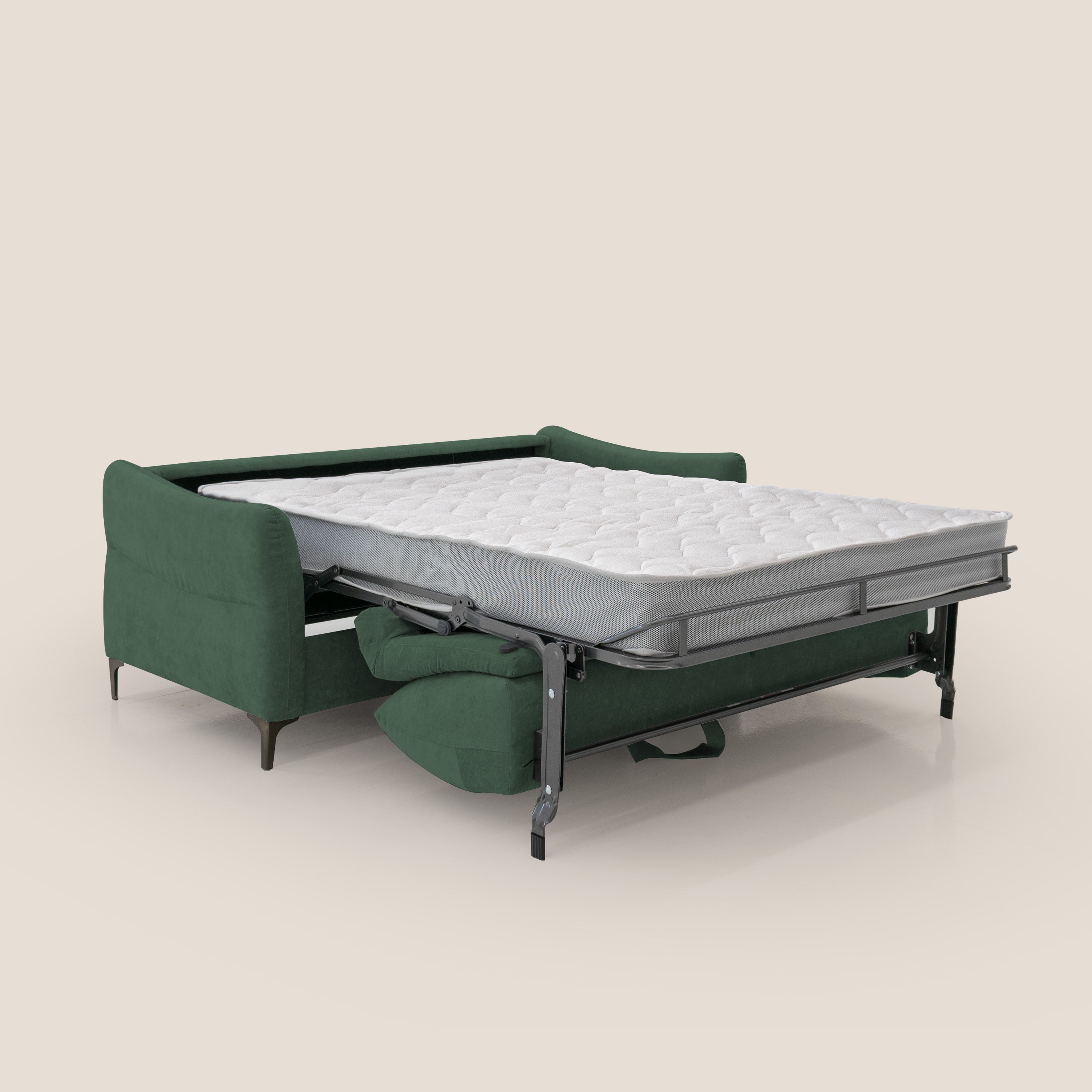 Dalia divano letto con materasso H18 cm e piedi alti in raffinato tessuto smacchiabile T17 verde - divani.store