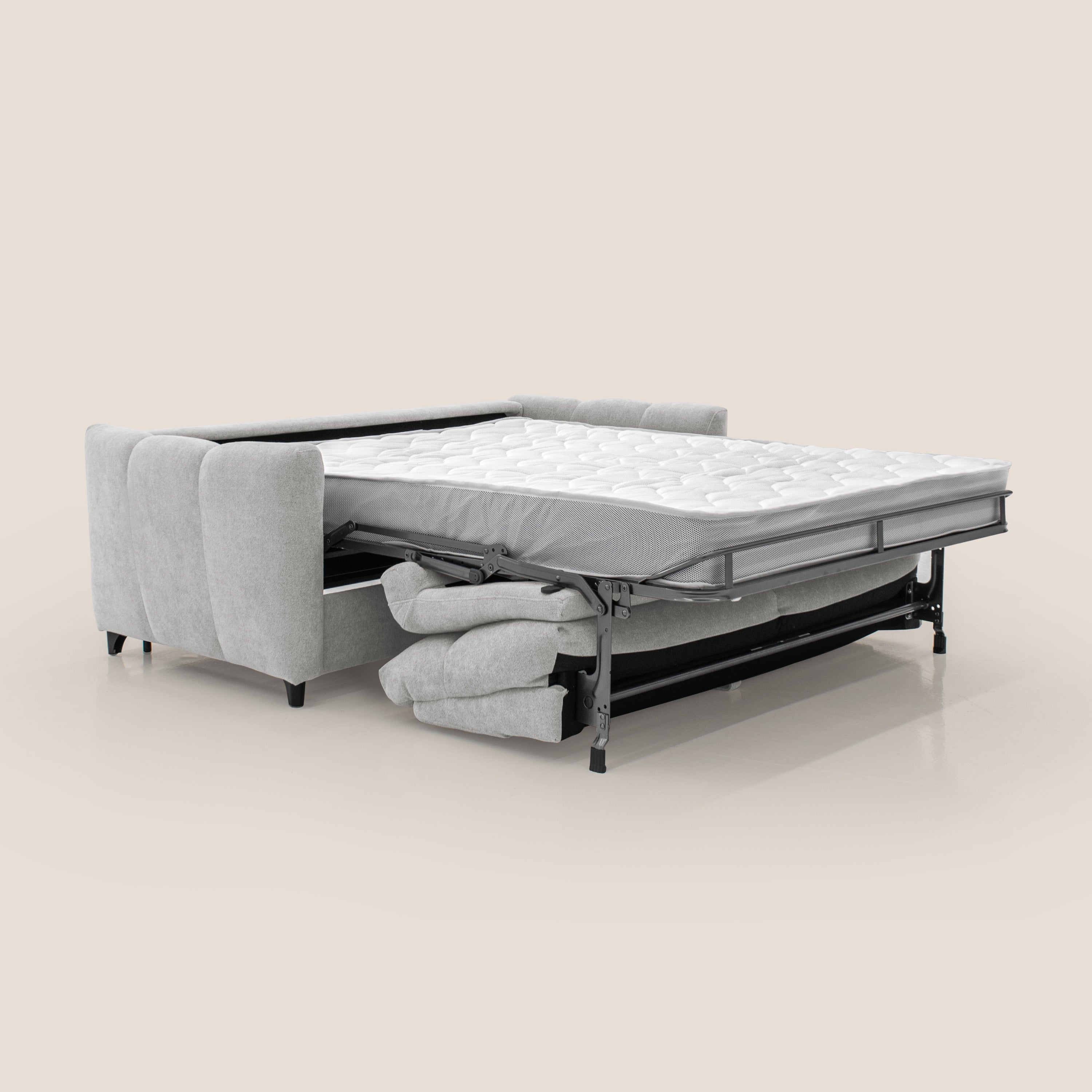 Peonia divano letto scandinavo con materasso H18 cm e morbido e alto schienale in tessuto Bouclé impermeabile T07 grigio - divani.store