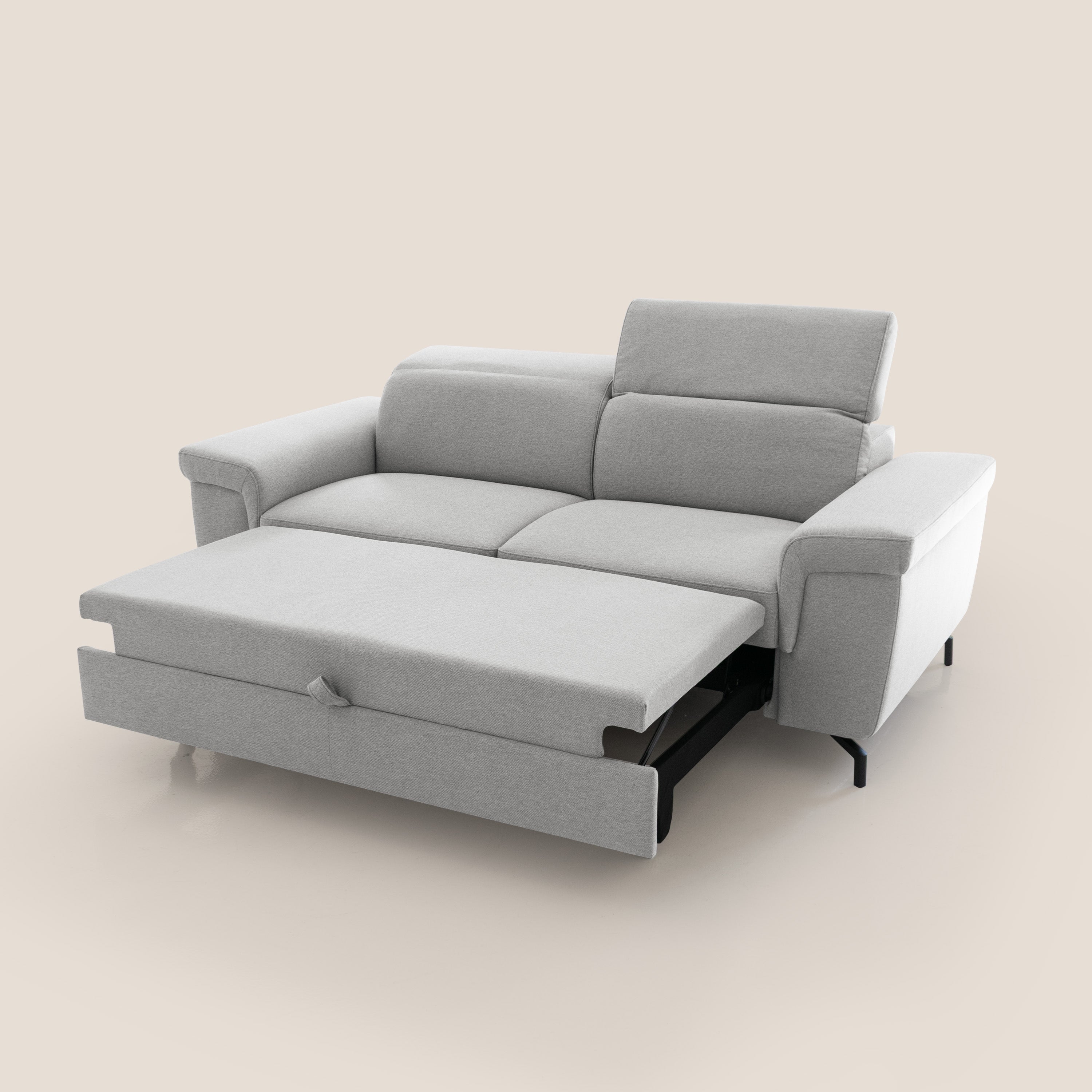 Aisha Divano con poggiapiedi estraibile piedini alti e poggiatesta reclinabili in tessuto Smacchiabile T05 grigio - divani.store