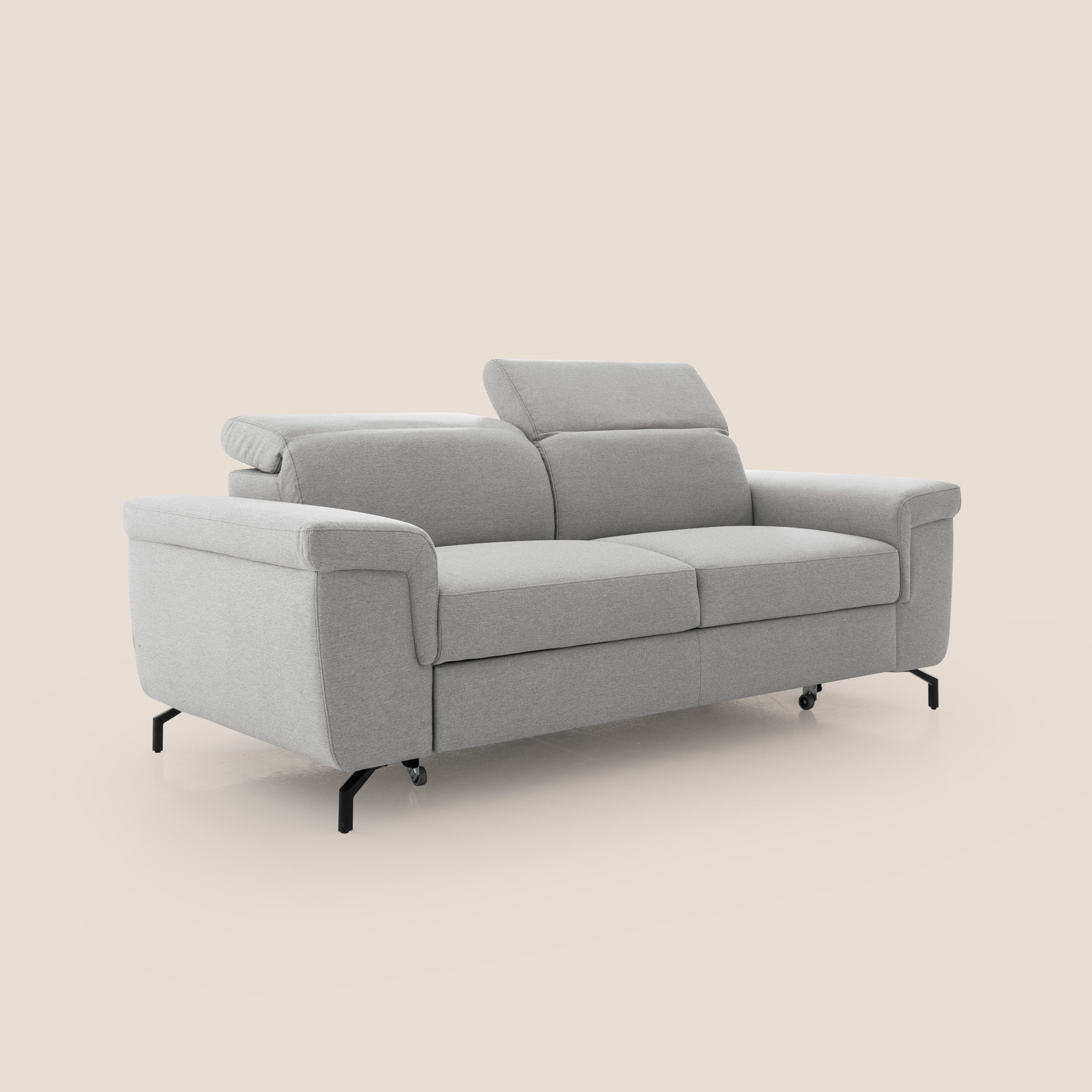 Aisha Divano con poggiapiedi estraibile piedini alti e poggiatesta reclinabili in tessuto Smacchiabile T05 grigio - divani.store