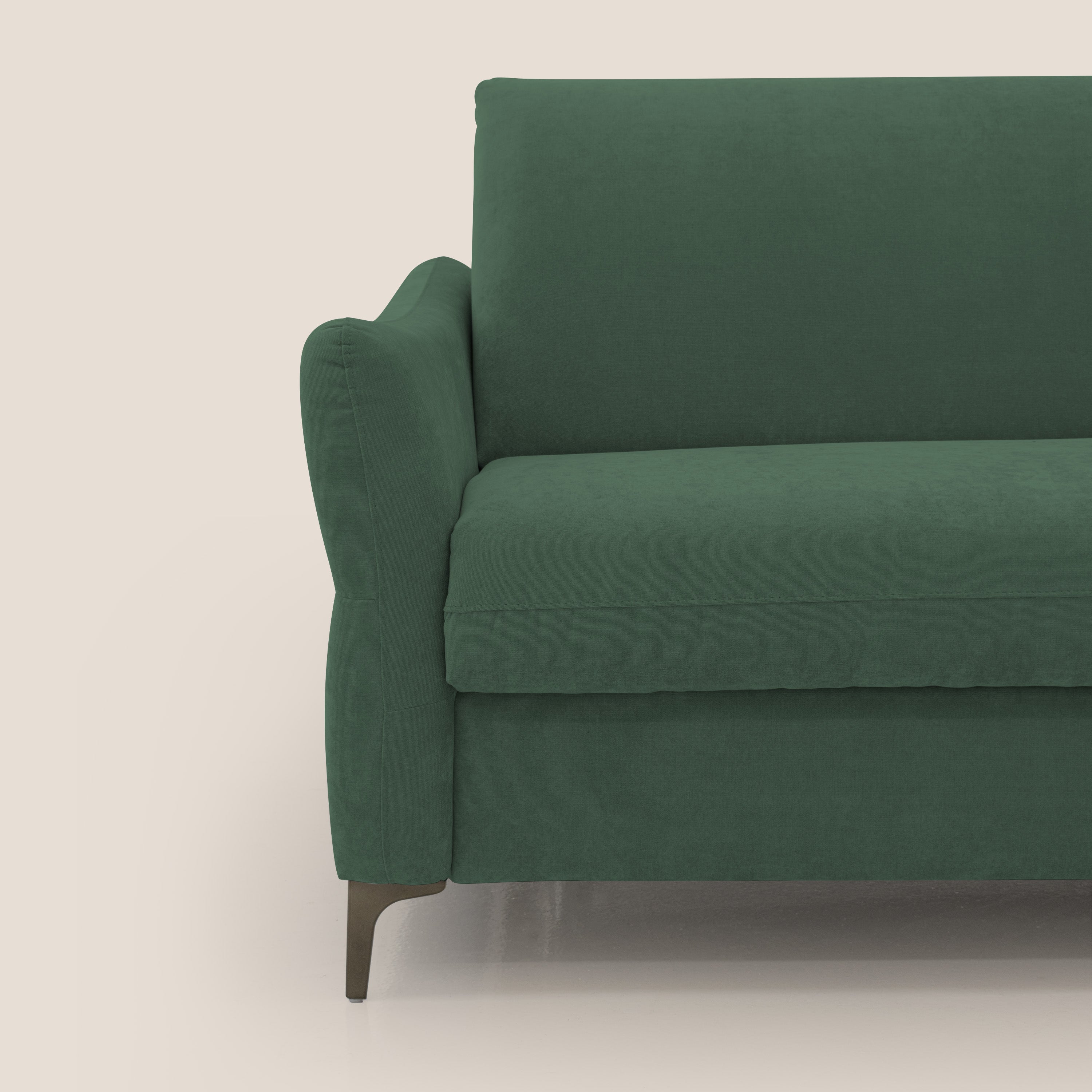 Dalia divano letto con materasso H18 cm e piedi alti in raffinato tessuto smacchiabile T17 verde - divani.store