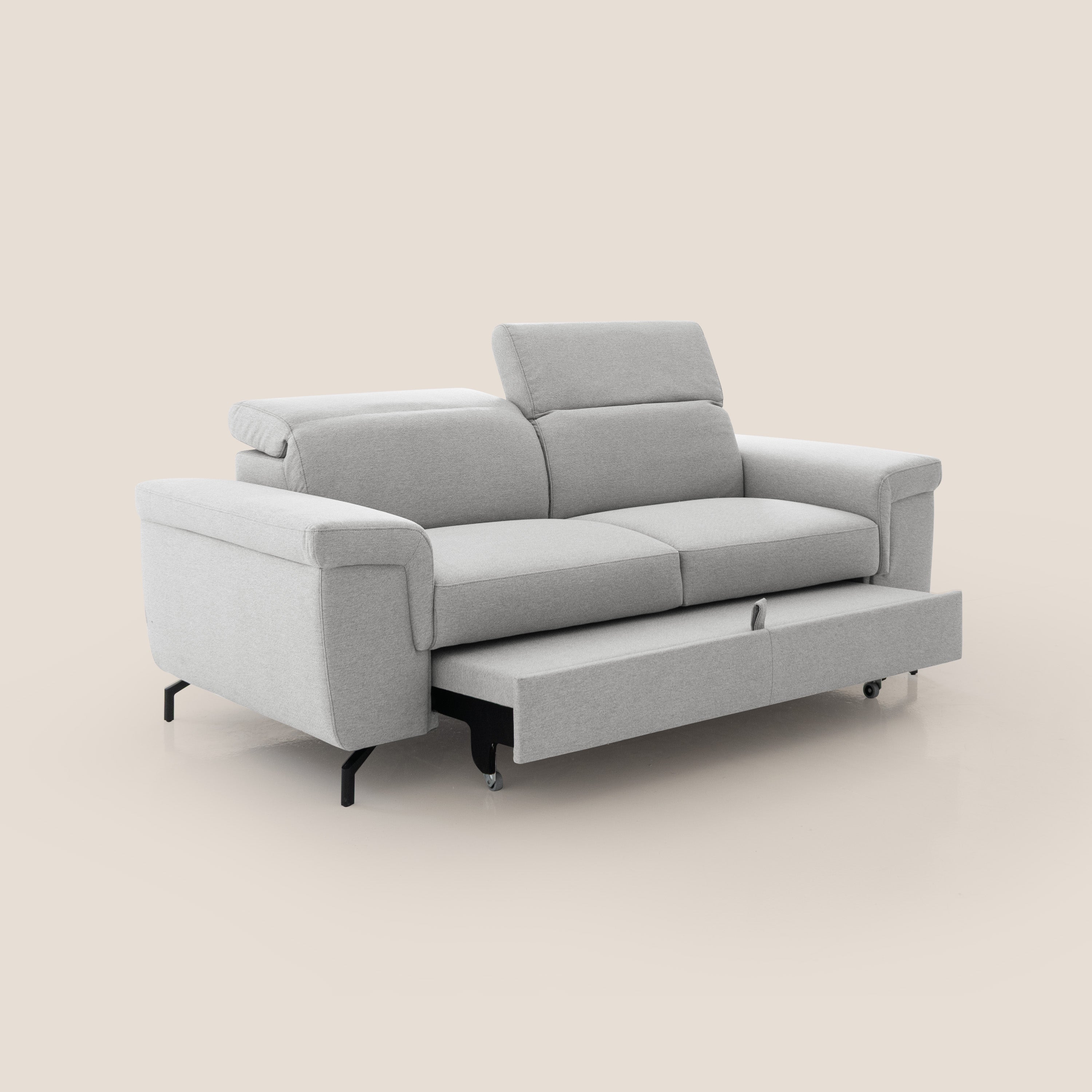 Aisha Divano con poggiapiedi estraibile piedini alti e poggiatesta reclinabili in tessuto Smacchiabile T05 grigio - divani.store