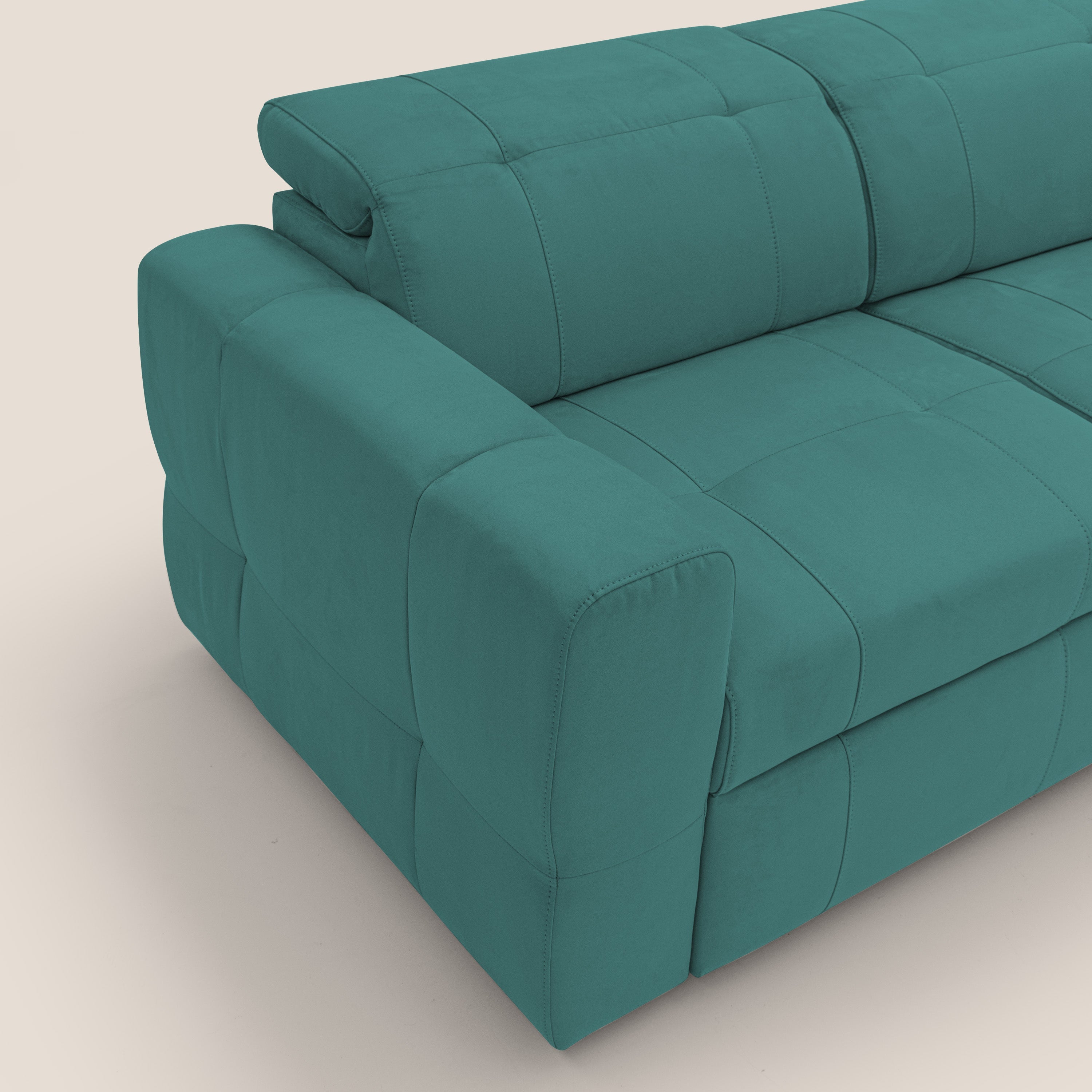 Kronos Divano con pouf estraibile poggiapiedi e poggiatesta reclinabili in morbida microfibra impermeabile T11 petrolio - divani.store