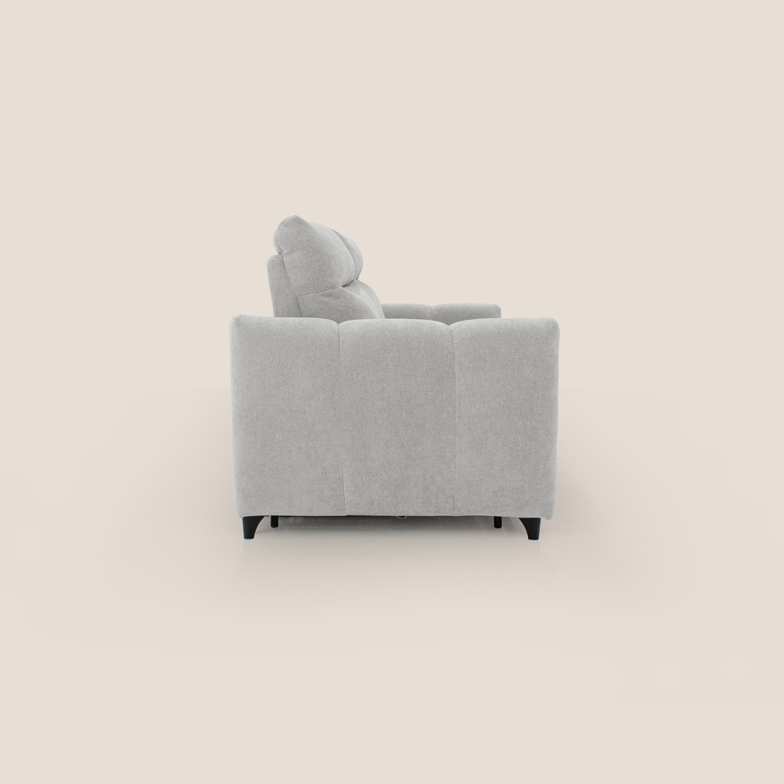 Peonia divano letto scandinavo con materasso H18 cm e morbido e alto schienale in tessuto Bouclé impermeabile T07 grigio - divani.store