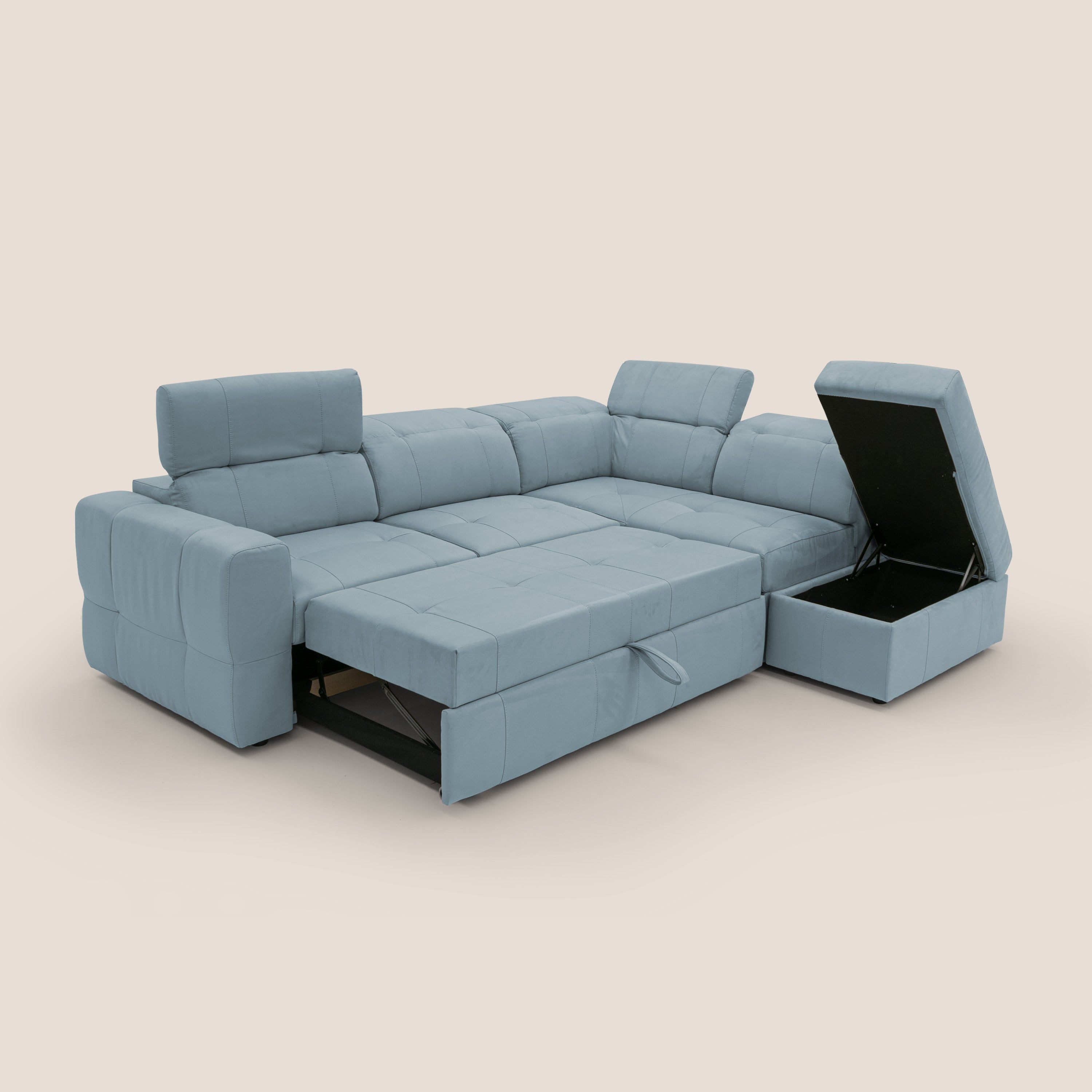 Kronos Divano angolare con poggiapiedi estraibile e pouf contenitore mobile in microfibra impermeabile T11 carta da zucchero - divani.store