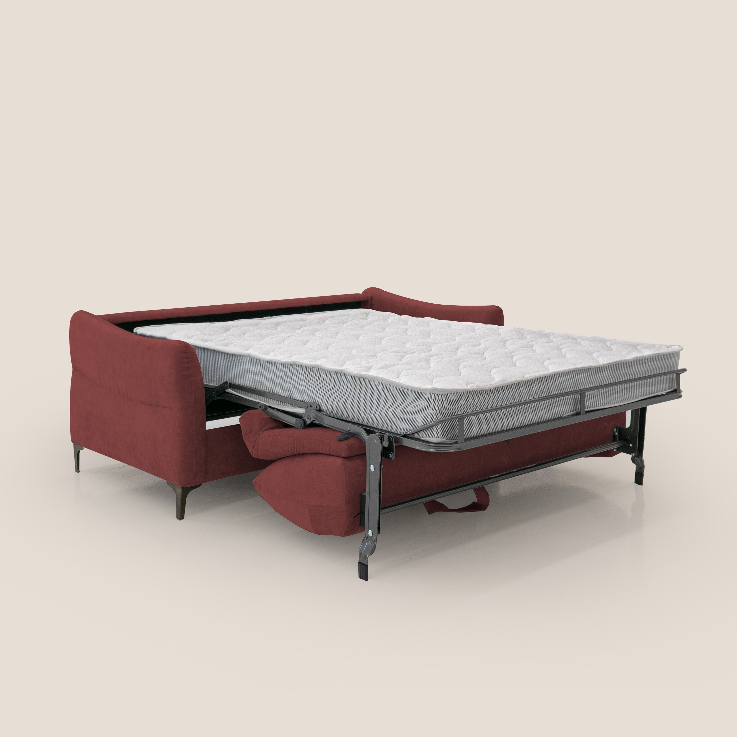 Dalia divano letto con materasso H18 cm e piedi alti in raffinato tessuto smacchiabile T17 rosso - divani.store