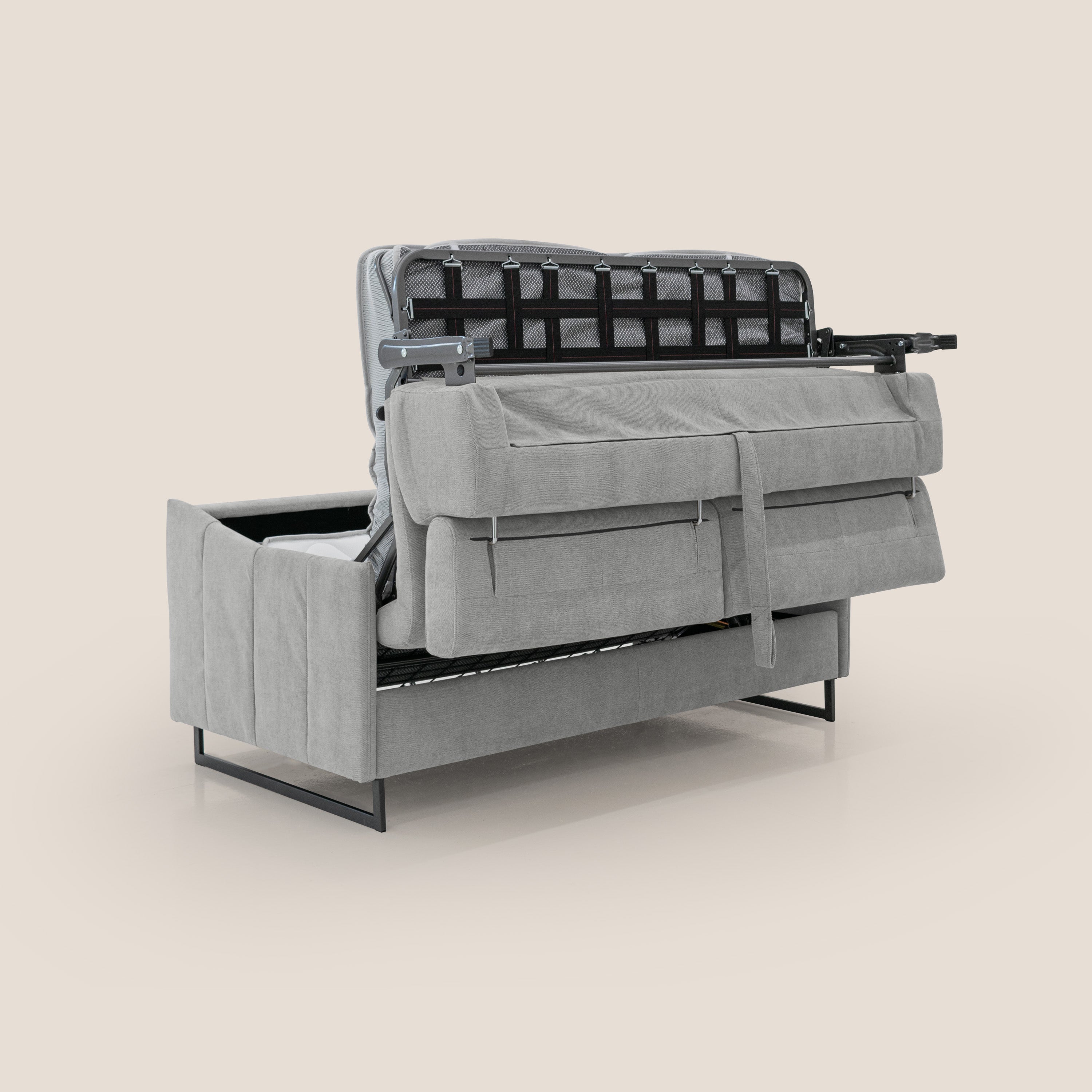 Loto divano letto salvaspazio materasso H18 cm con piedi alti in morbido tessuto impermeabile T14 grigio chiaro - divani.store