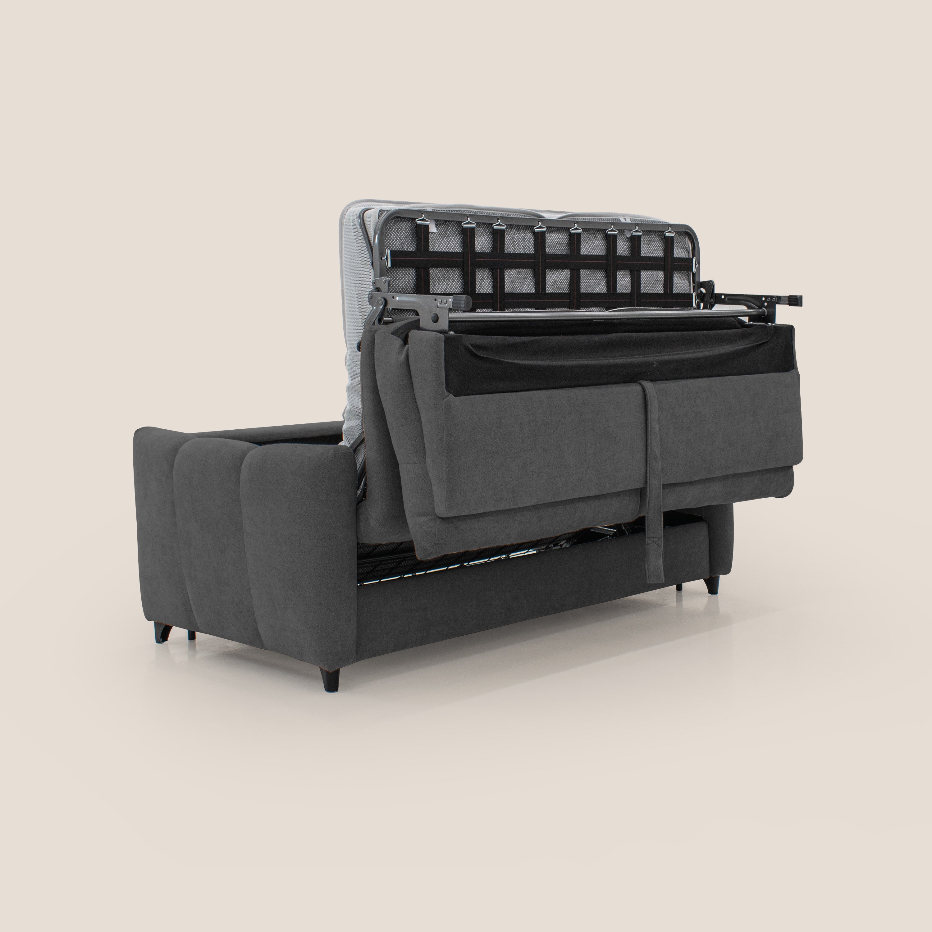 Peonia divano letto scandinavo con materasso H18 cm e morbido e alto schienale in tessuto Bouclé impermeabile T07 antracite - divani.store