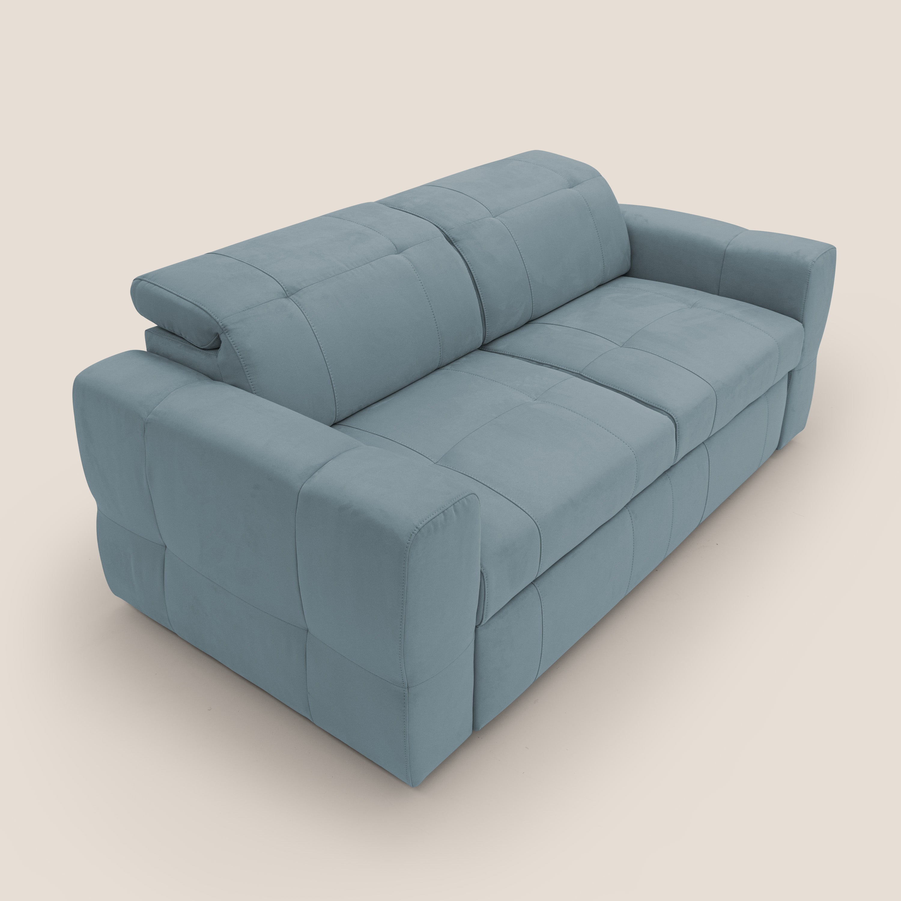 Kronos Divano con pouf estraibile poggiapiedi e poggiatesta reclinabili in morbida microfibra impermeabile T11 carta da zucchero - divani.store