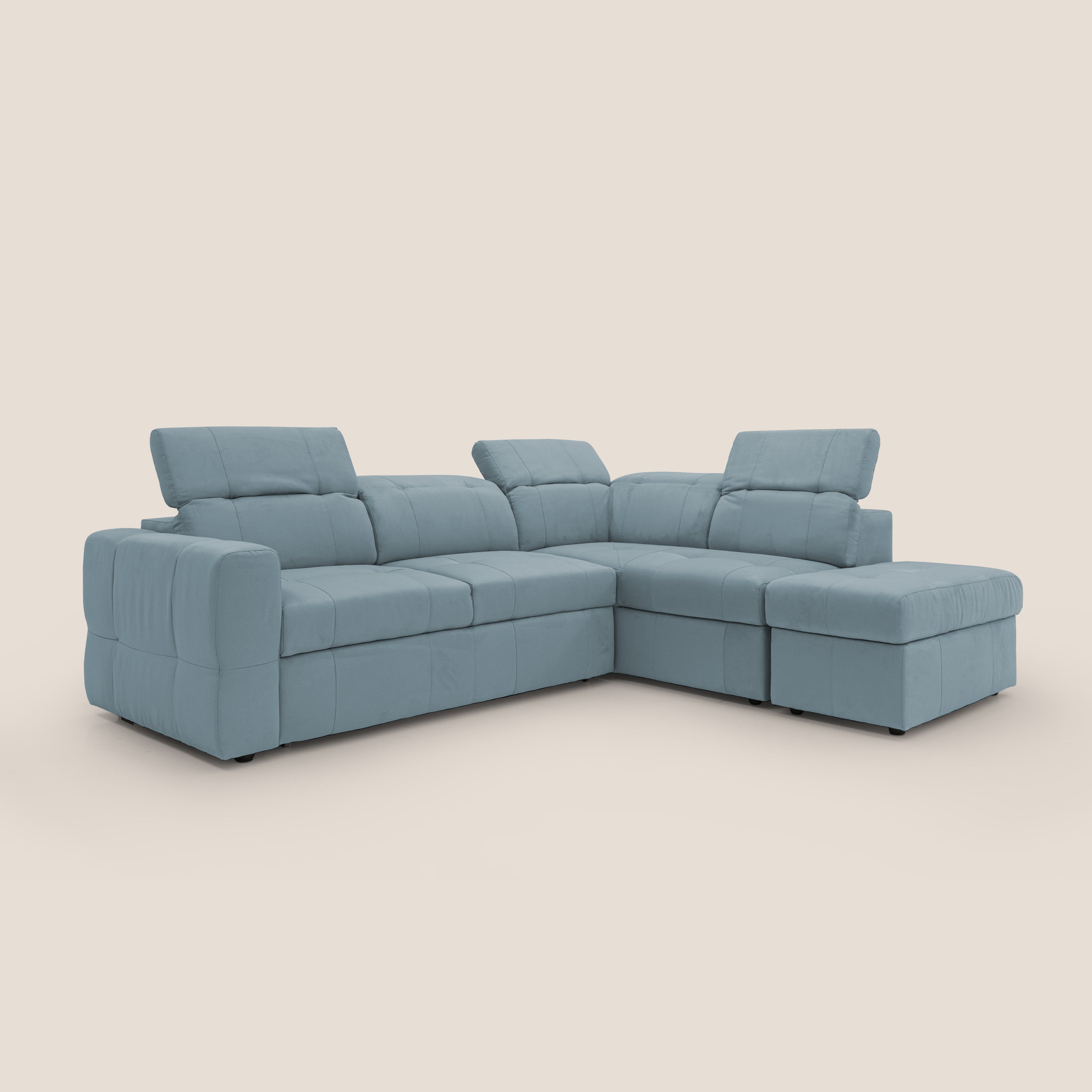 Kronos Divano angolare con poggiapiedi estraibile e pouf contenitore mobile in microfibra impermeabile T11 carta da zucchero - divani.store