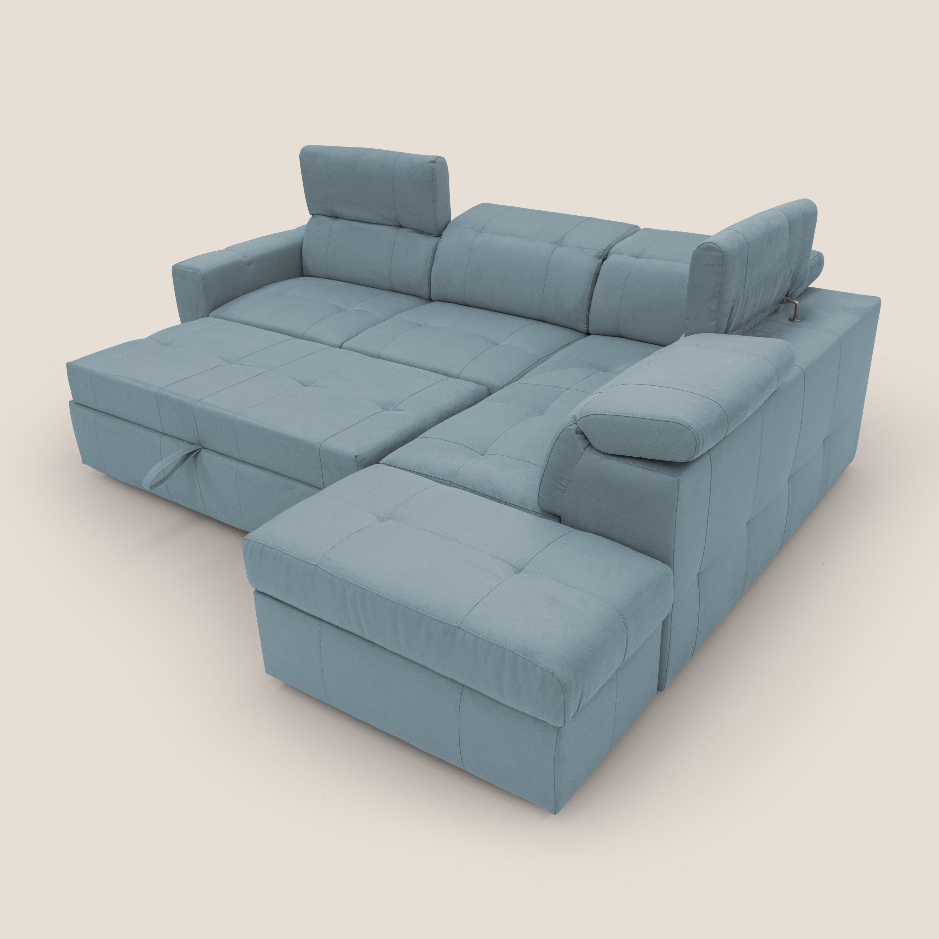 Kronos Divano angolare con poggiapiedi estraibile e pouf contenitore mobile in microfibra impermeabile T11 carta da zucchero - divani.store