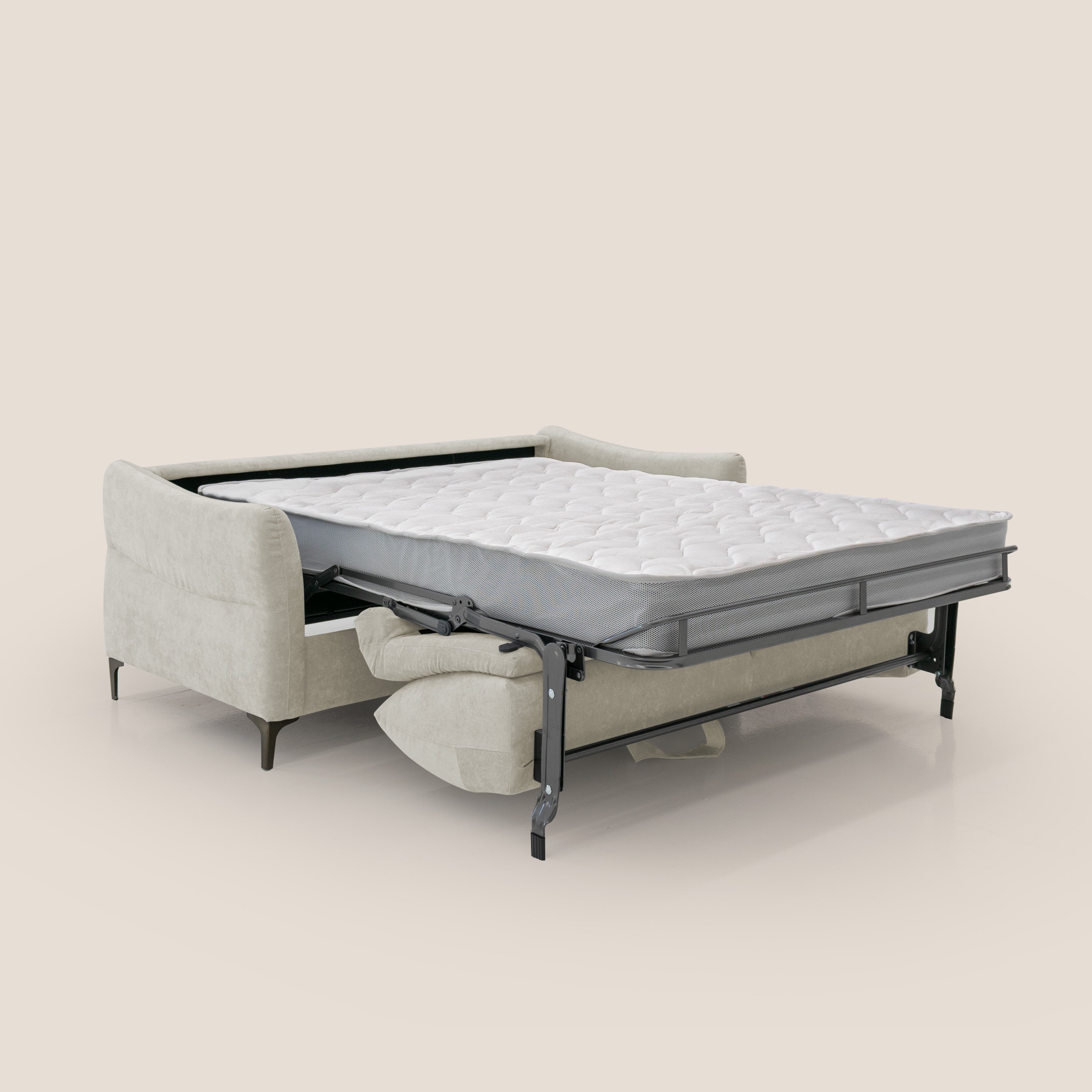 Dalia divano letto con materasso H18 cm e piedi alti in raffinato tessuto smacchiabile T17 panna - divani.store