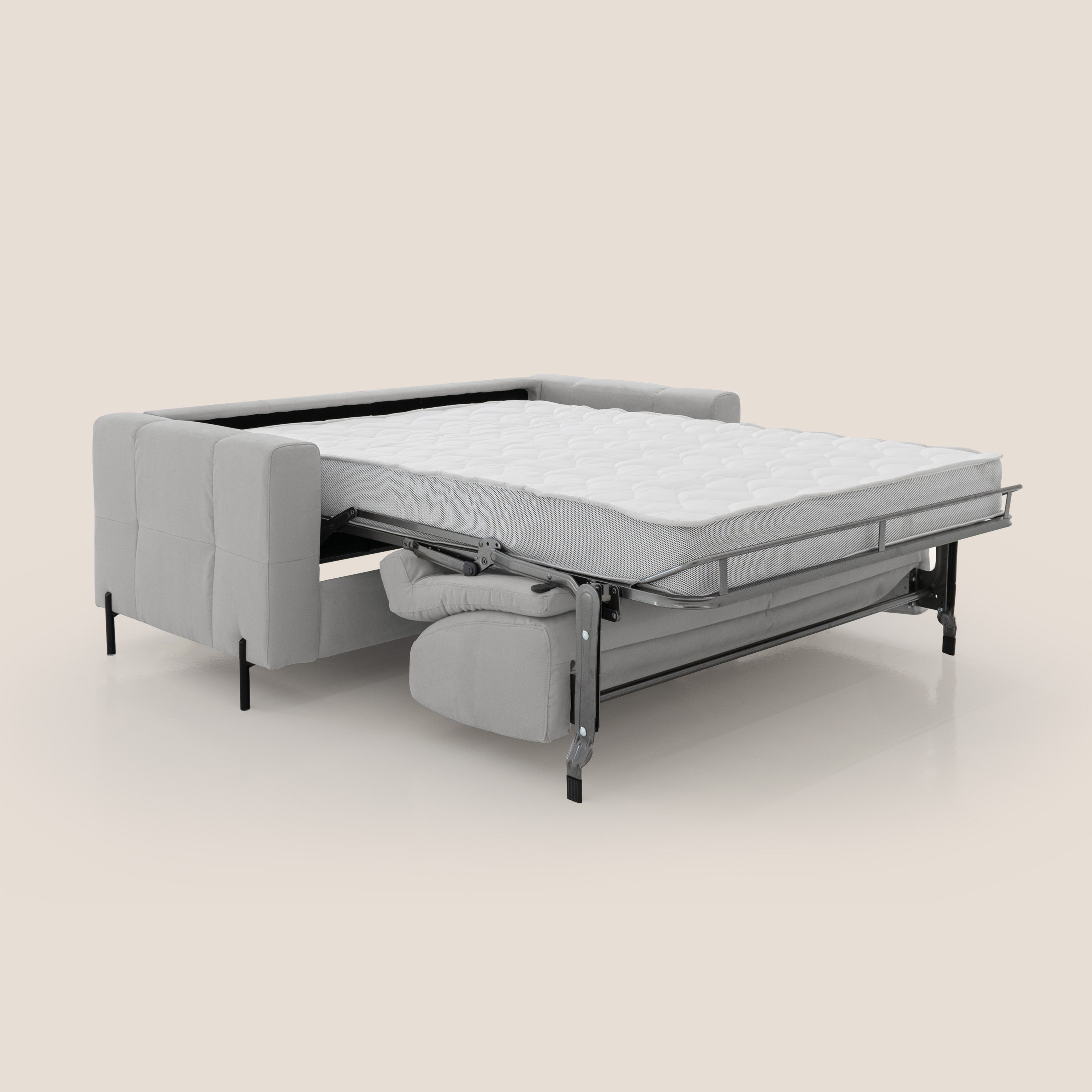 Ortensia divano letto materasso H18 cm con piedi alti in elegante microfibra smacchiabile T11 grigio chiaro - divani.store