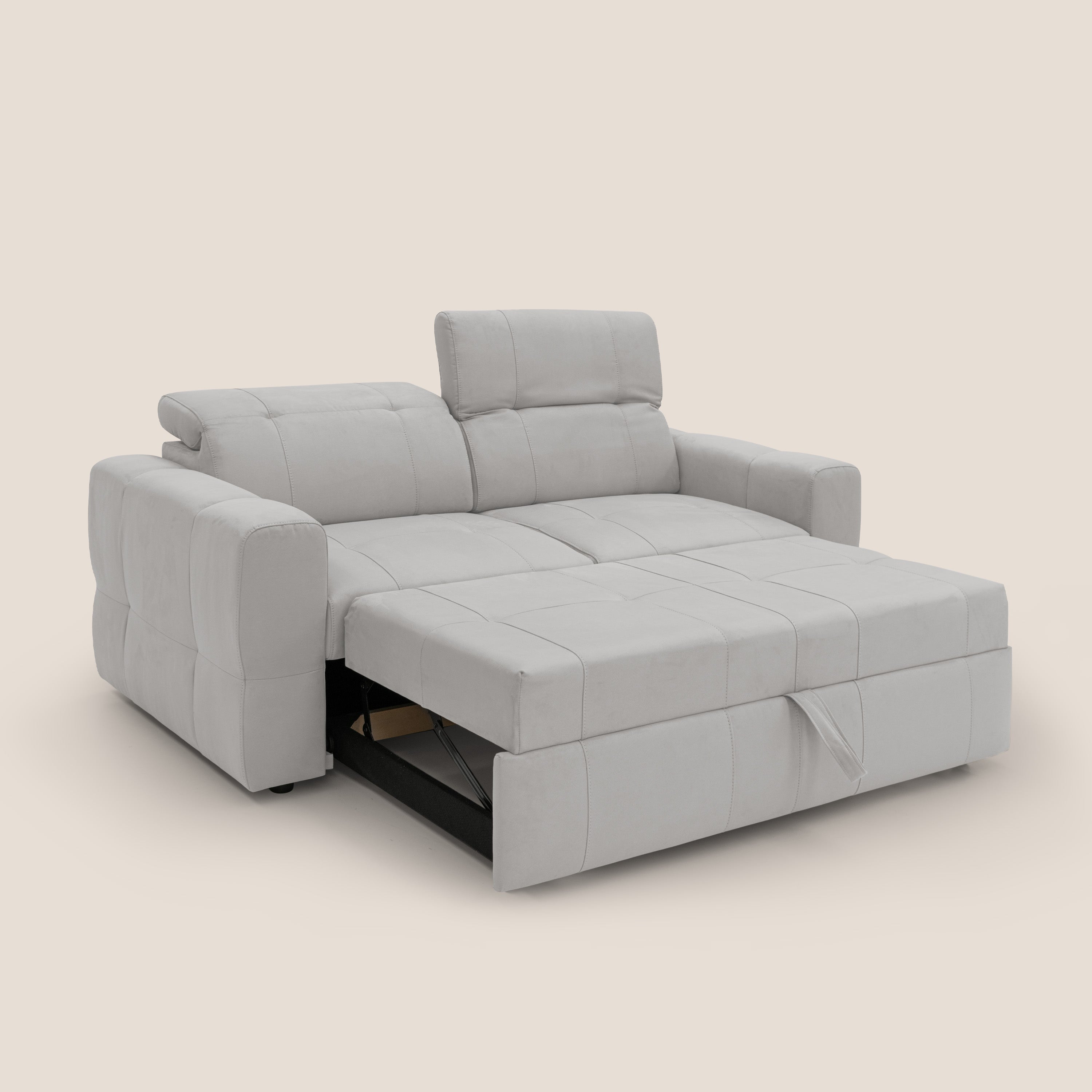 Kronos Divano con pouf estraibile poggiapiedi e poggiatesta reclinabili in morbida microfibra impermeabile T11 grigio chiaro - divani.store