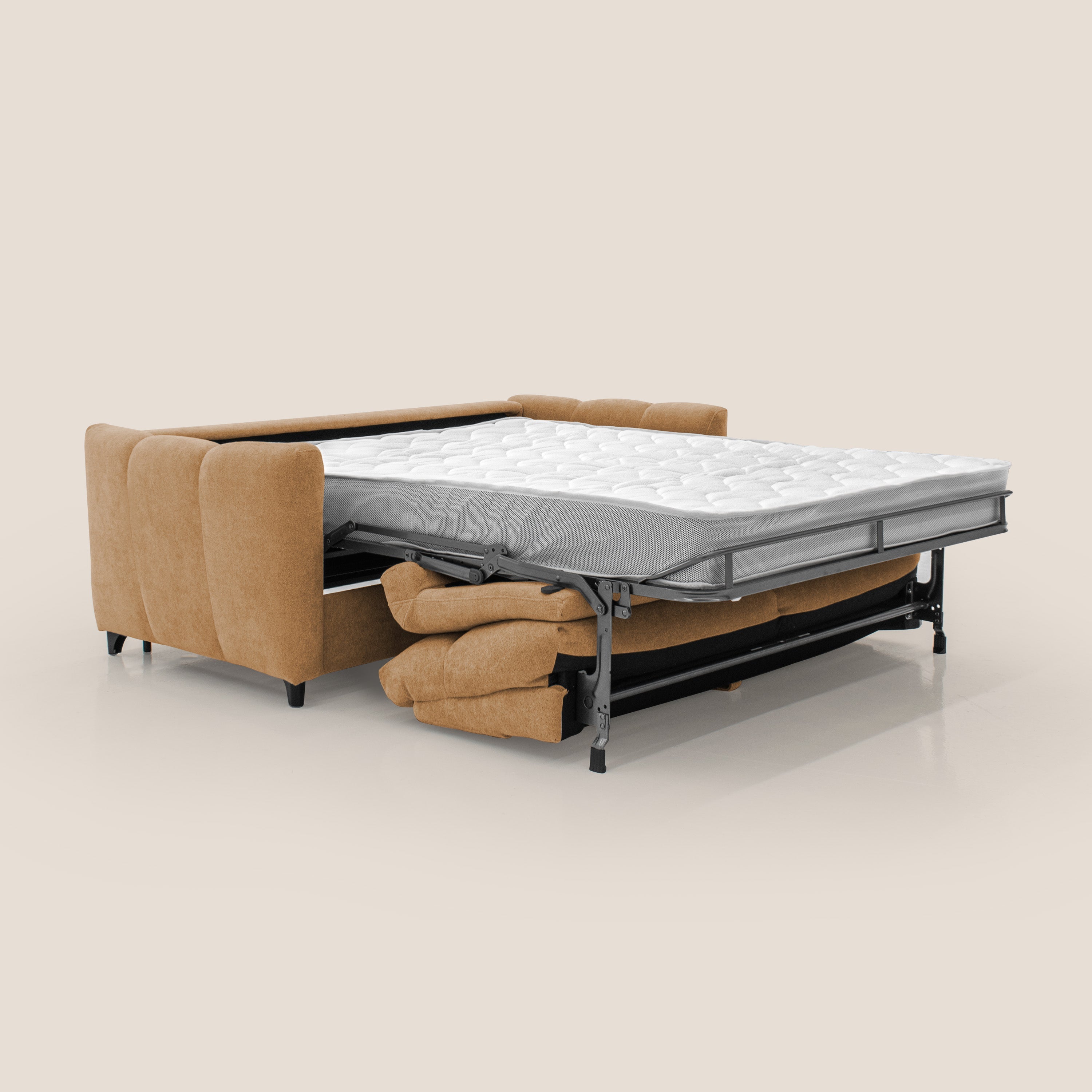 Peonia divano letto scandinavo con materasso H18 cm e morbido e alto schienale in tessuto Bouclé impermeabile T07 arancio - divani.store