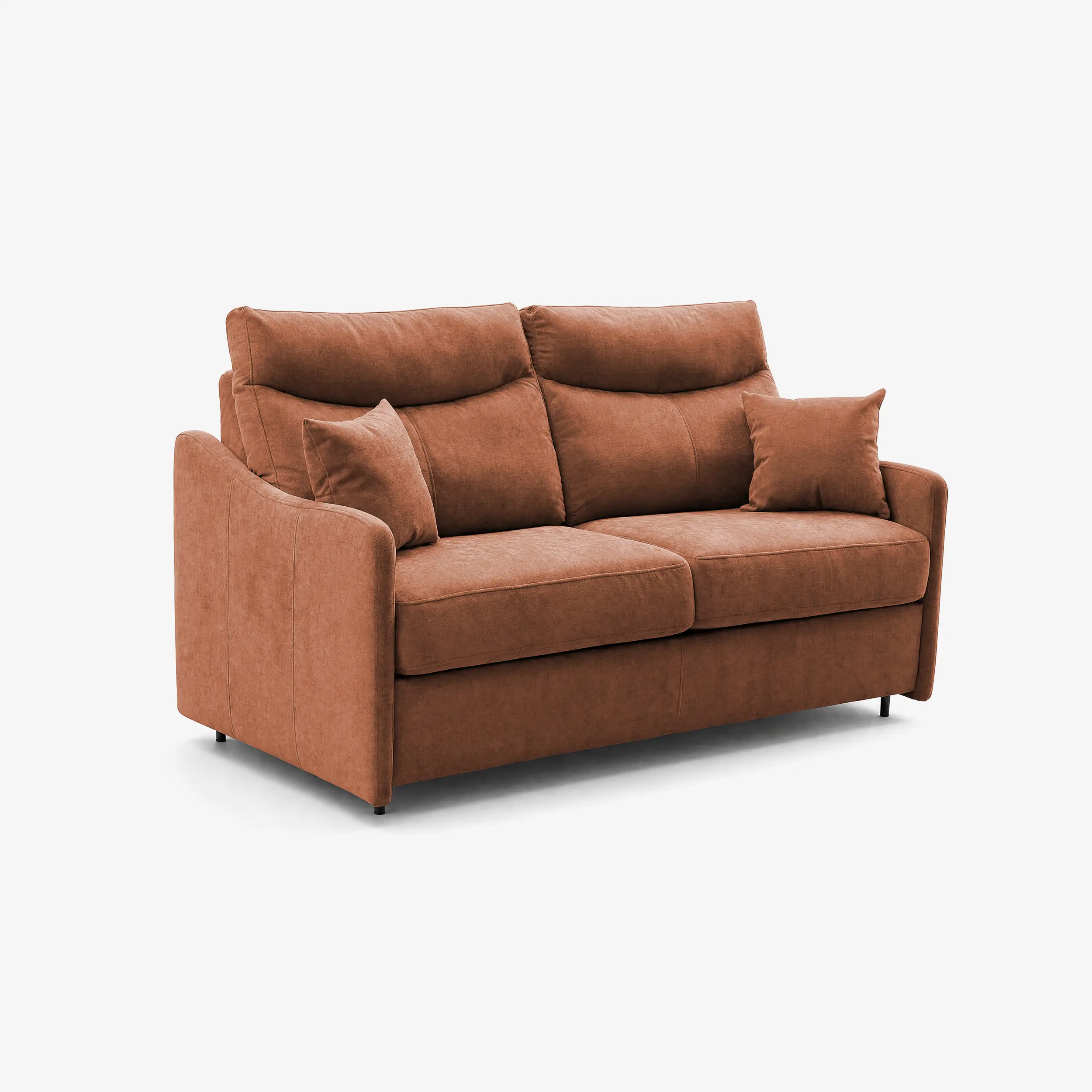 Il divano letto a 3 posti Lodovico di Divani.Store è realizzato in morbido tessuto Oeko-Tex resistente alle macchie, con cuscini soffici, braccioli ricurvi, due cuscini coordinati e un materasso alto 20 cm, raffigurato su uno sfondo bianco a tinta unita.