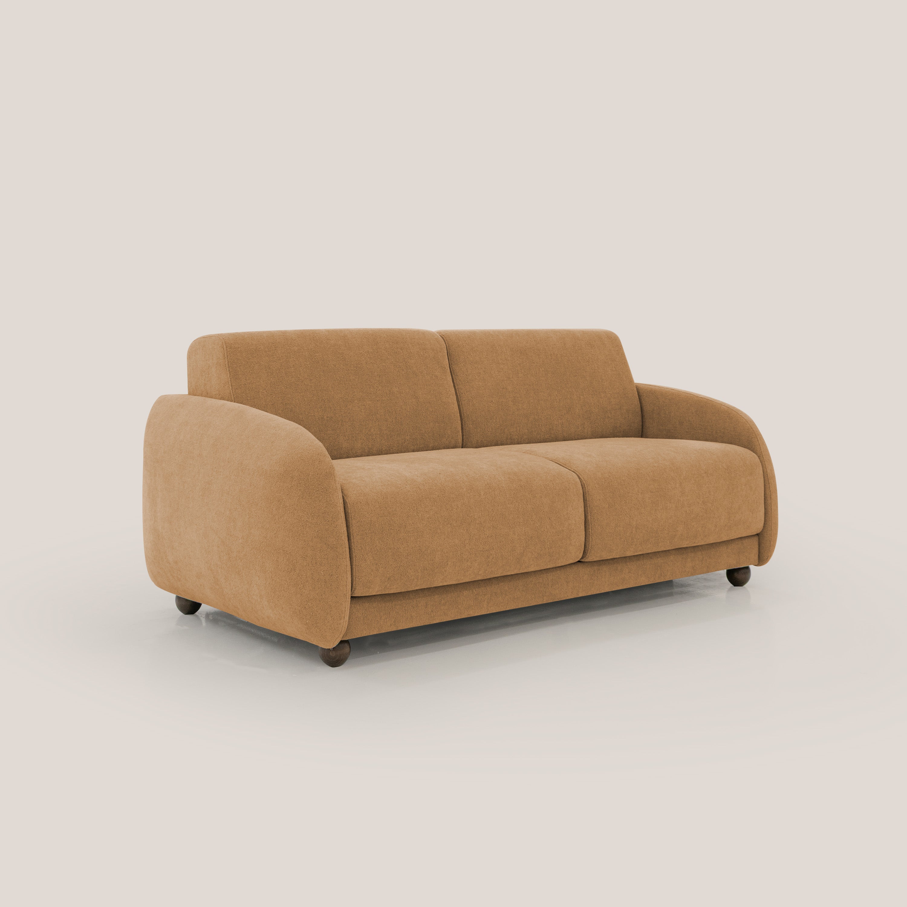 Giglio divano letto scandinavo japandi con materasso H18 cm in tessuto Bouclé impermeabile T07 arancio - divani.store