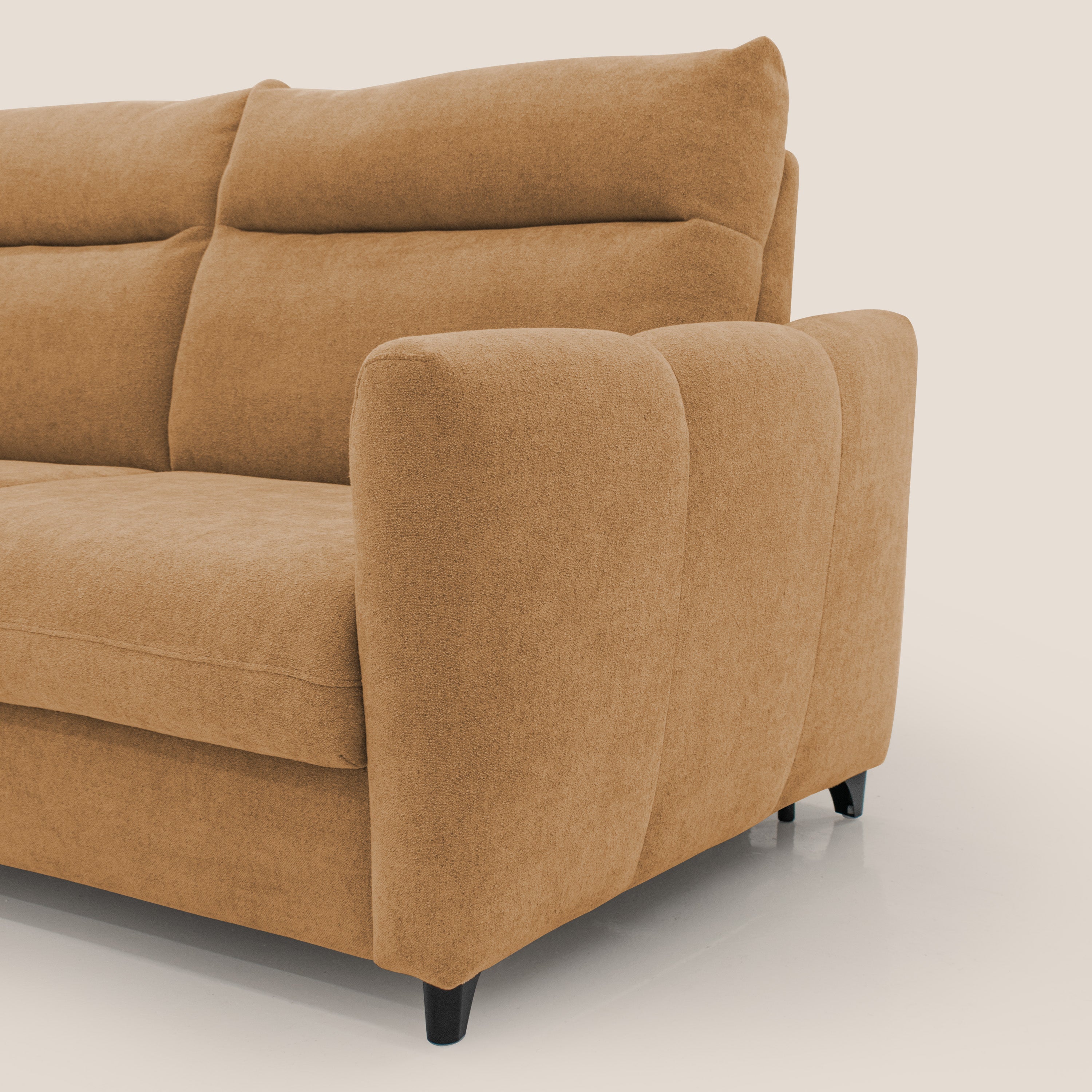 Peonia divano letto scandinavo con materasso H18 cm e morbido e alto schienale in tessuto Bouclé impermeabile T07 arancio - divani.store