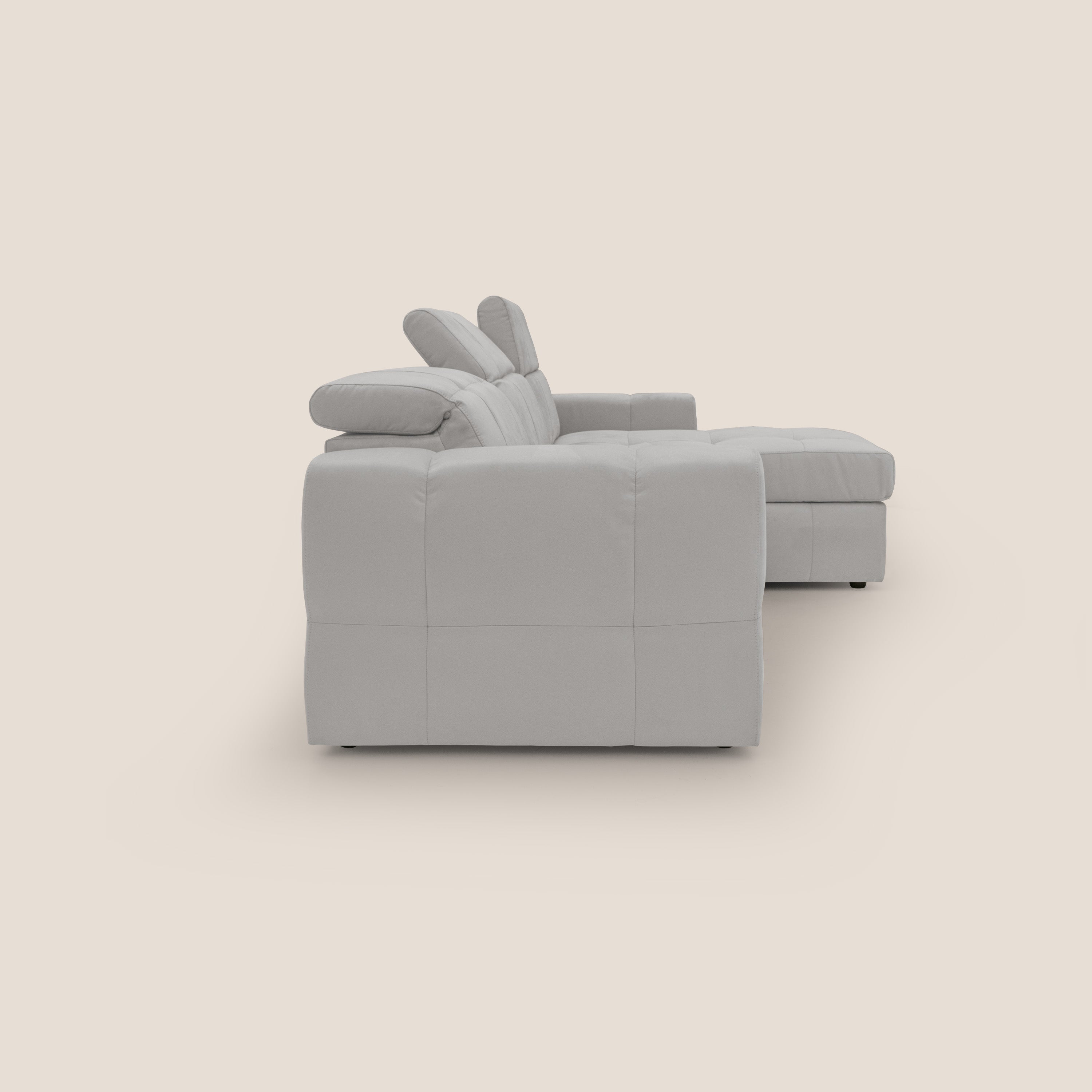 Kronos Divano angolare con pouf estraibile e penisola contenitore in microfibra impermeabile T11 grigio chiaro - divani.store