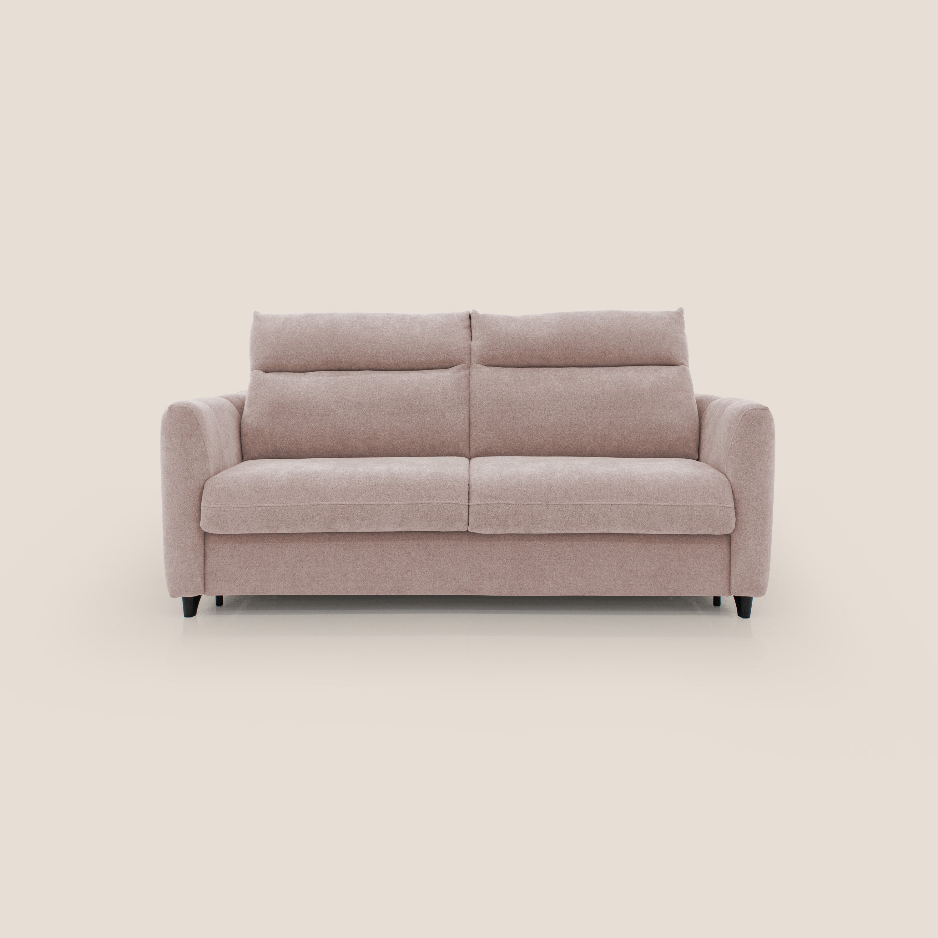 Peonia divano letto scandinavo con materasso H18 cm e morbido e alto schienale in tessuto Bouclé impermeabile T07 rosa - divani.store