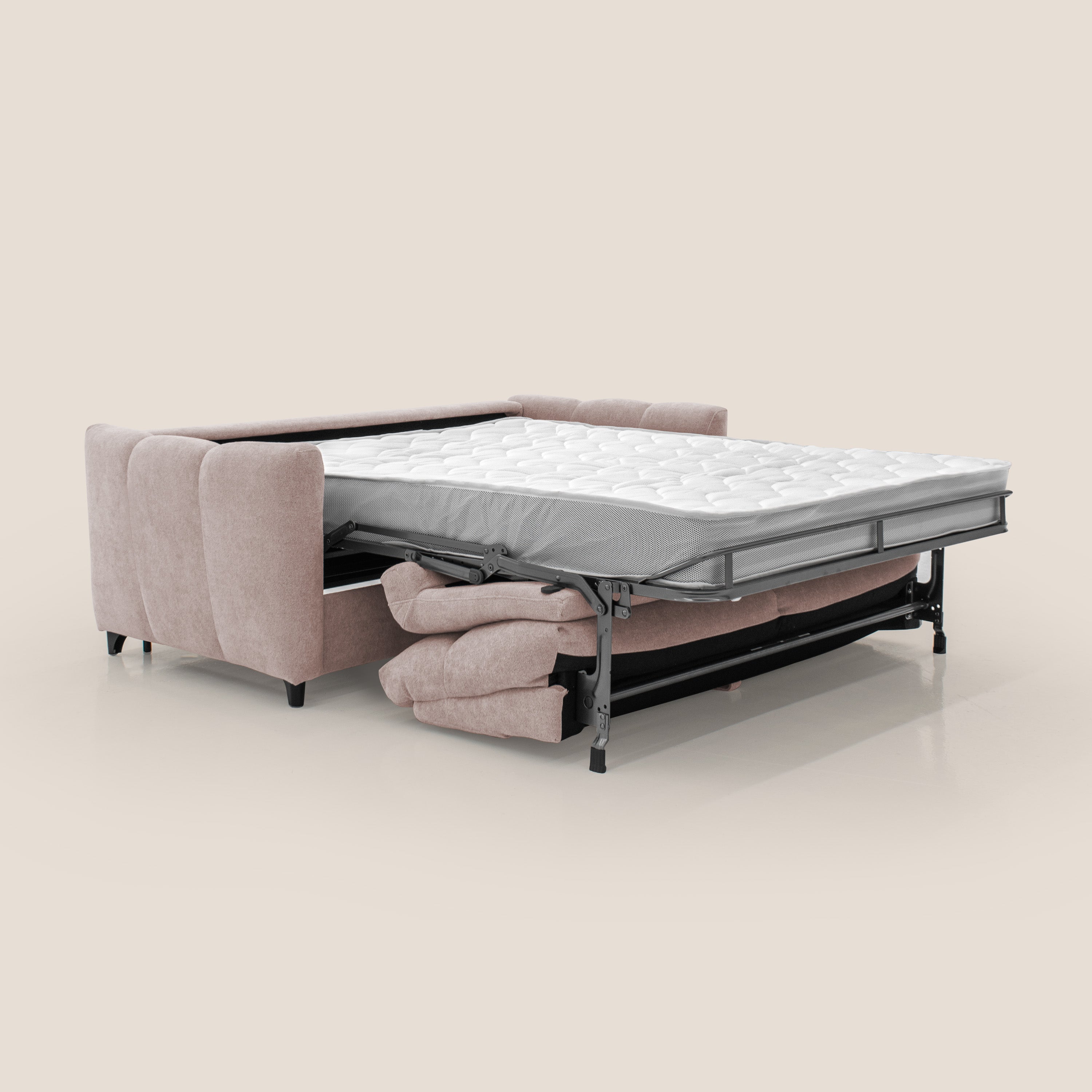 Peonia divano letto scandinavo con materasso H18 cm e morbido e alto schienale in tessuto Bouclé impermeabile T07 rosa - divani.store