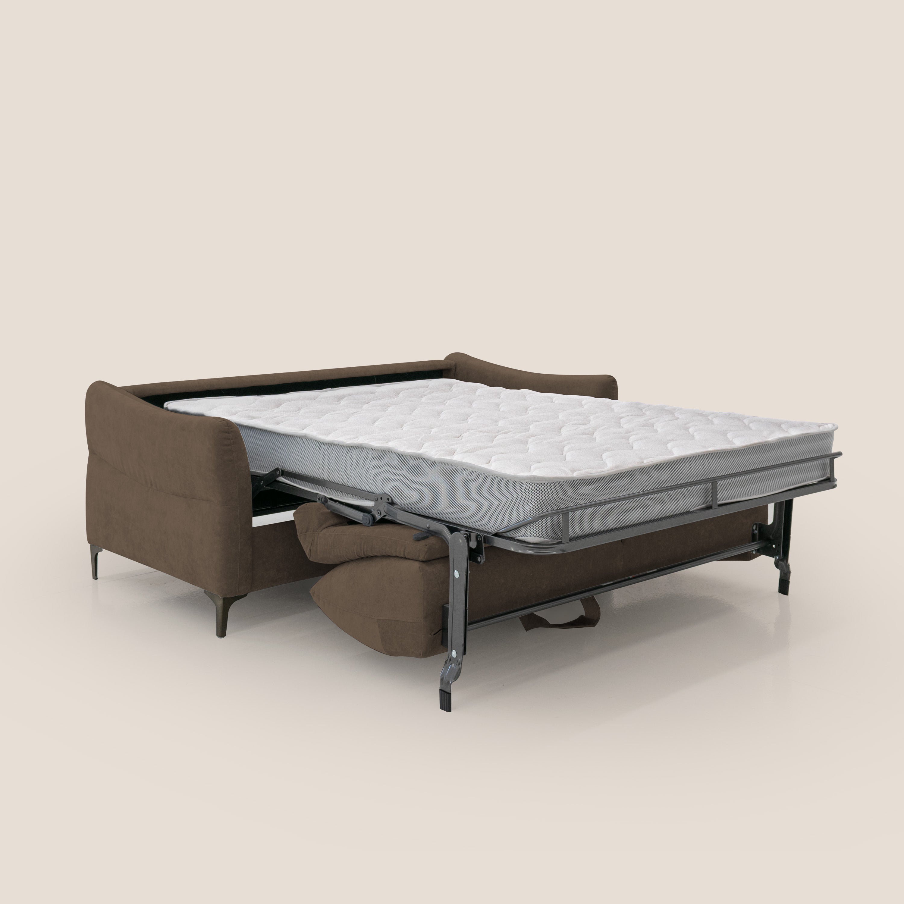 Dalia divano letto con materasso H18 cm e piedi alti in raffinato tessuto smacchiabile T17 marrone - divani.store