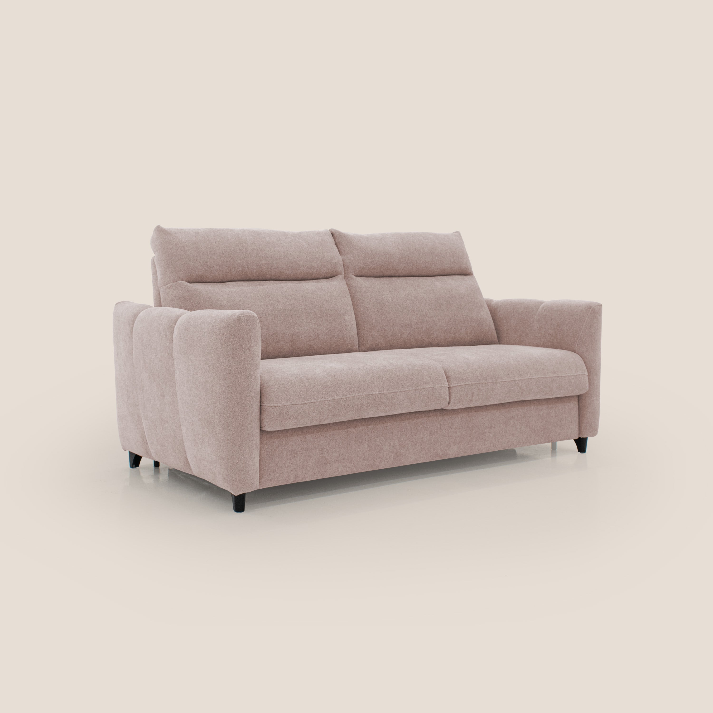 Peonia divano letto scandinavo con materasso H18 cm e morbido e alto schienale in tessuto Bouclé impermeabile T07 rosa - divani.store