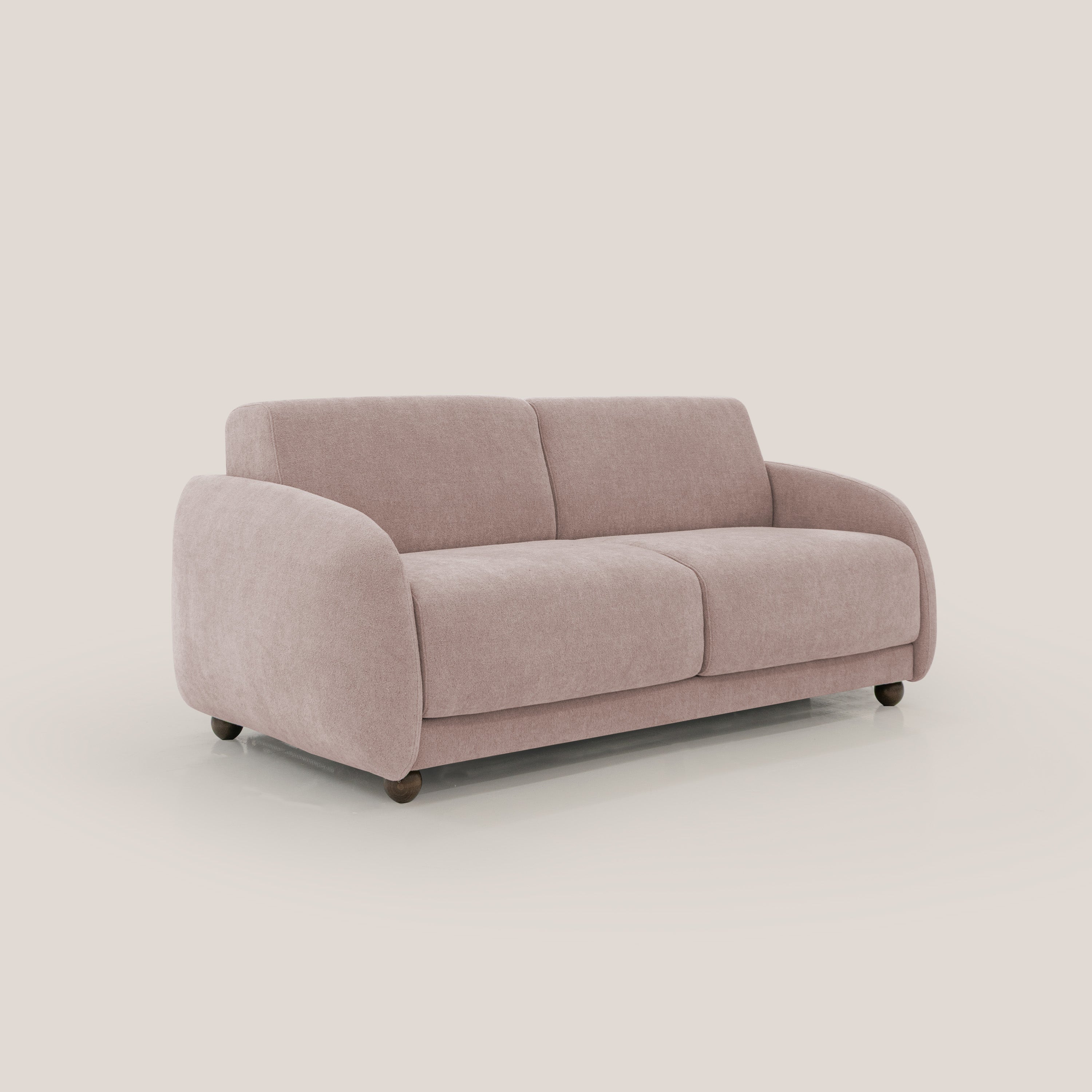 Giglio divano letto scandinavo japandi con materasso H18 cm in tessuto Bouclé impermeabile T07 rosa - divani.store