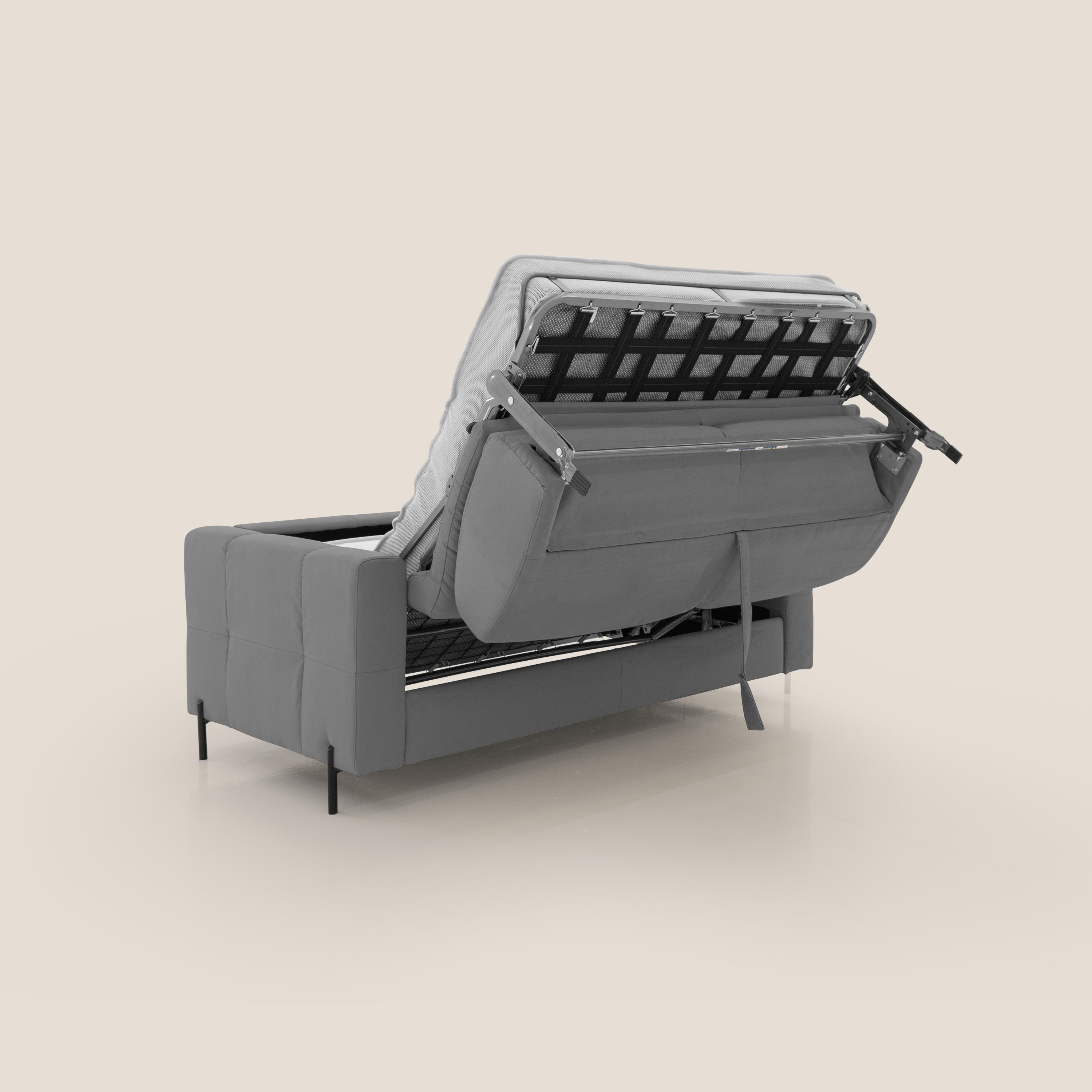 Ortensia divano letto materasso H18 cm con piedi alti in elegante microfibra smacchiabile T11 grigio - divani.store